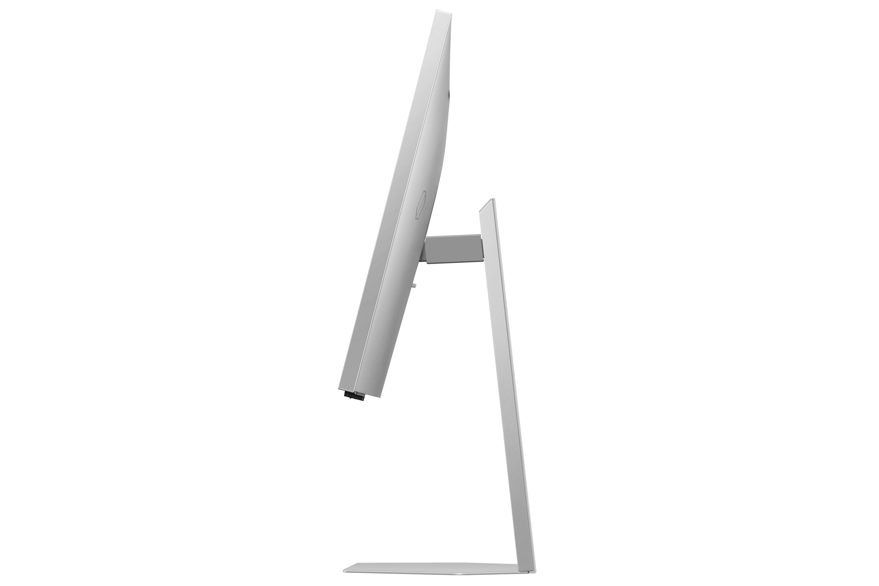 Seitenansicht eines silbernen Computermonitors. Der Monitor hat ein schlankes, modernes Design.