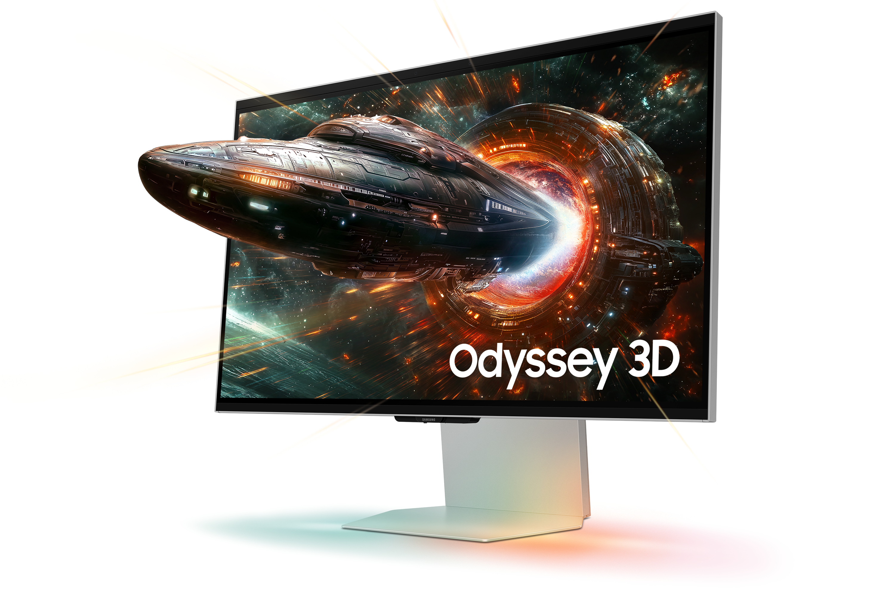 3D-Monitor, der ein Raumschiff zeigt, das aus einem Portal bricht.
