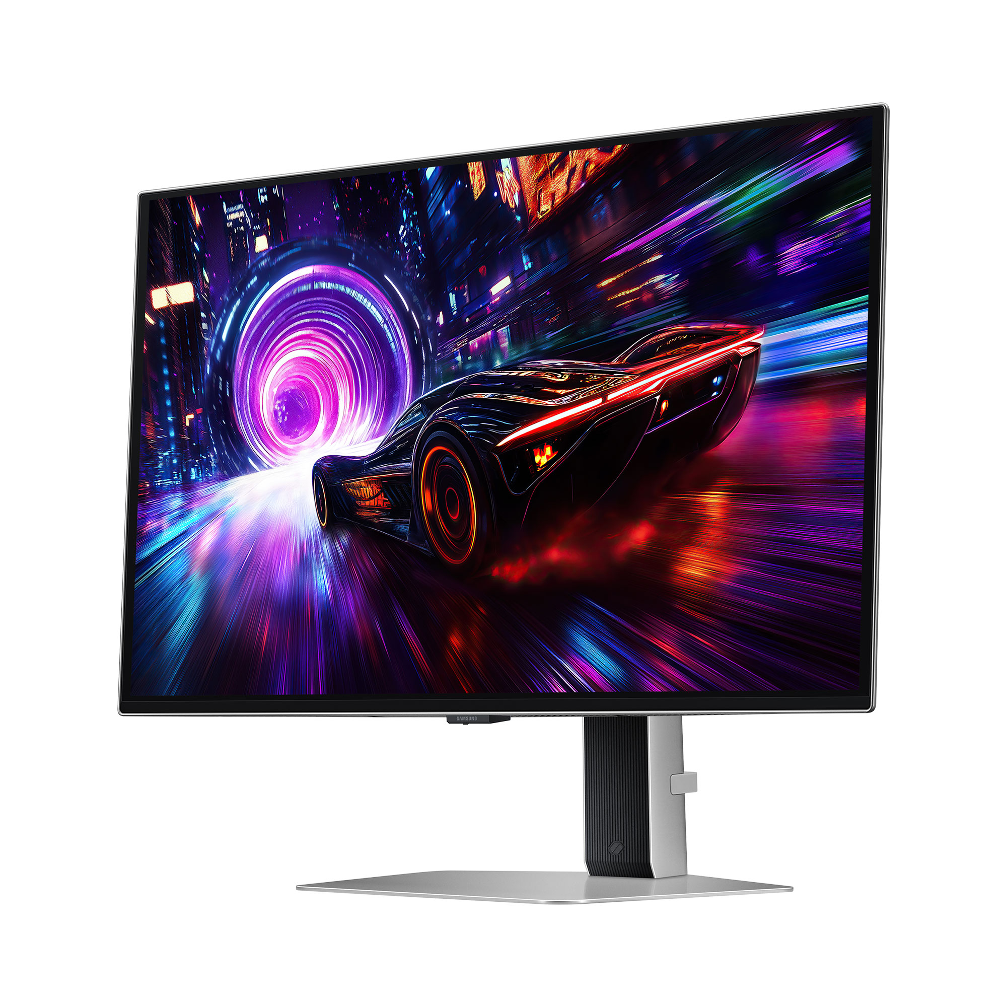 Ein Monitor mit gebogenem Bildschirm, der ein Auto zeigt, das durch eine neonbeleuchtete Stadt rast.