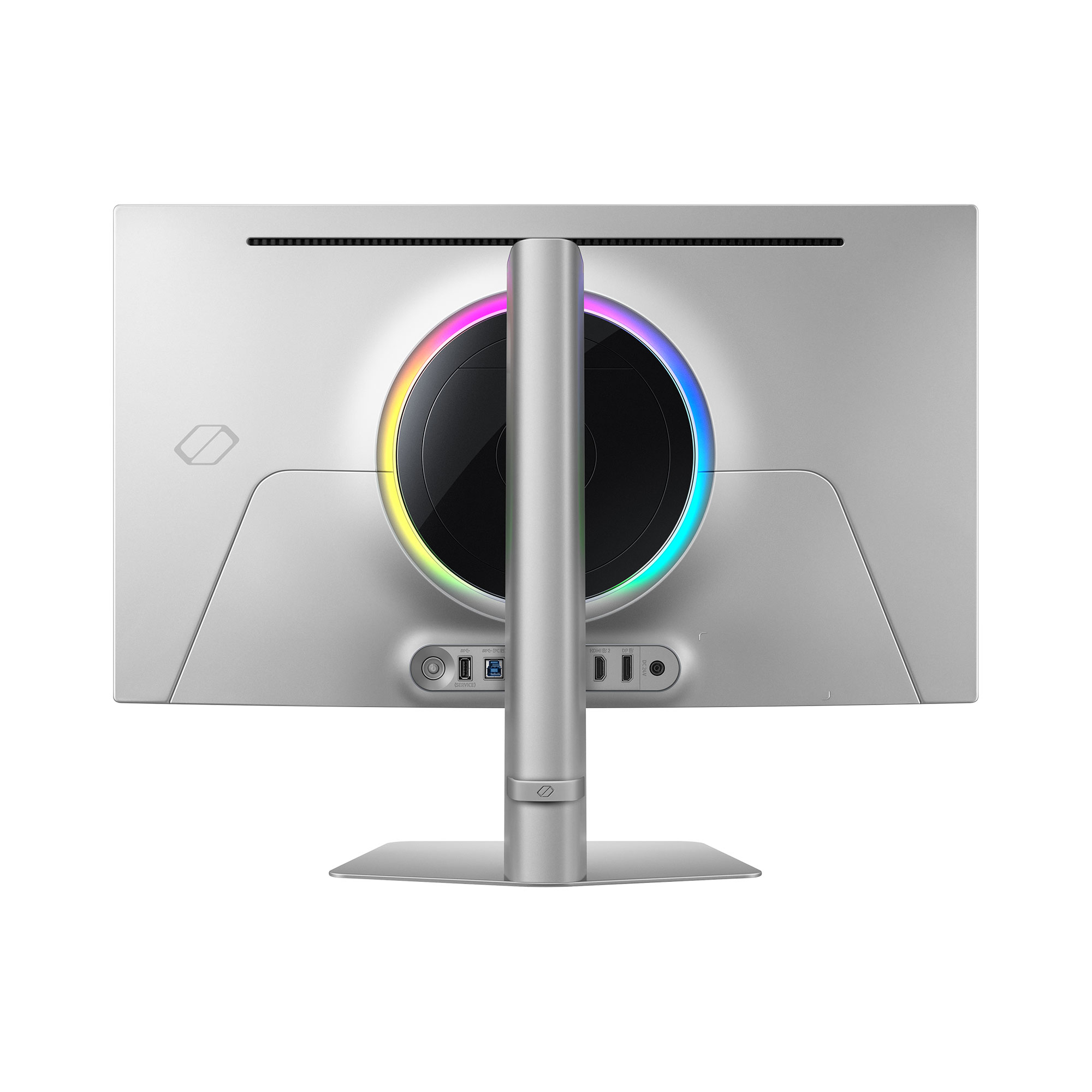 Rückansicht eines silbernen Computermonitors mit kreisförmigem Regenbogenlicht.