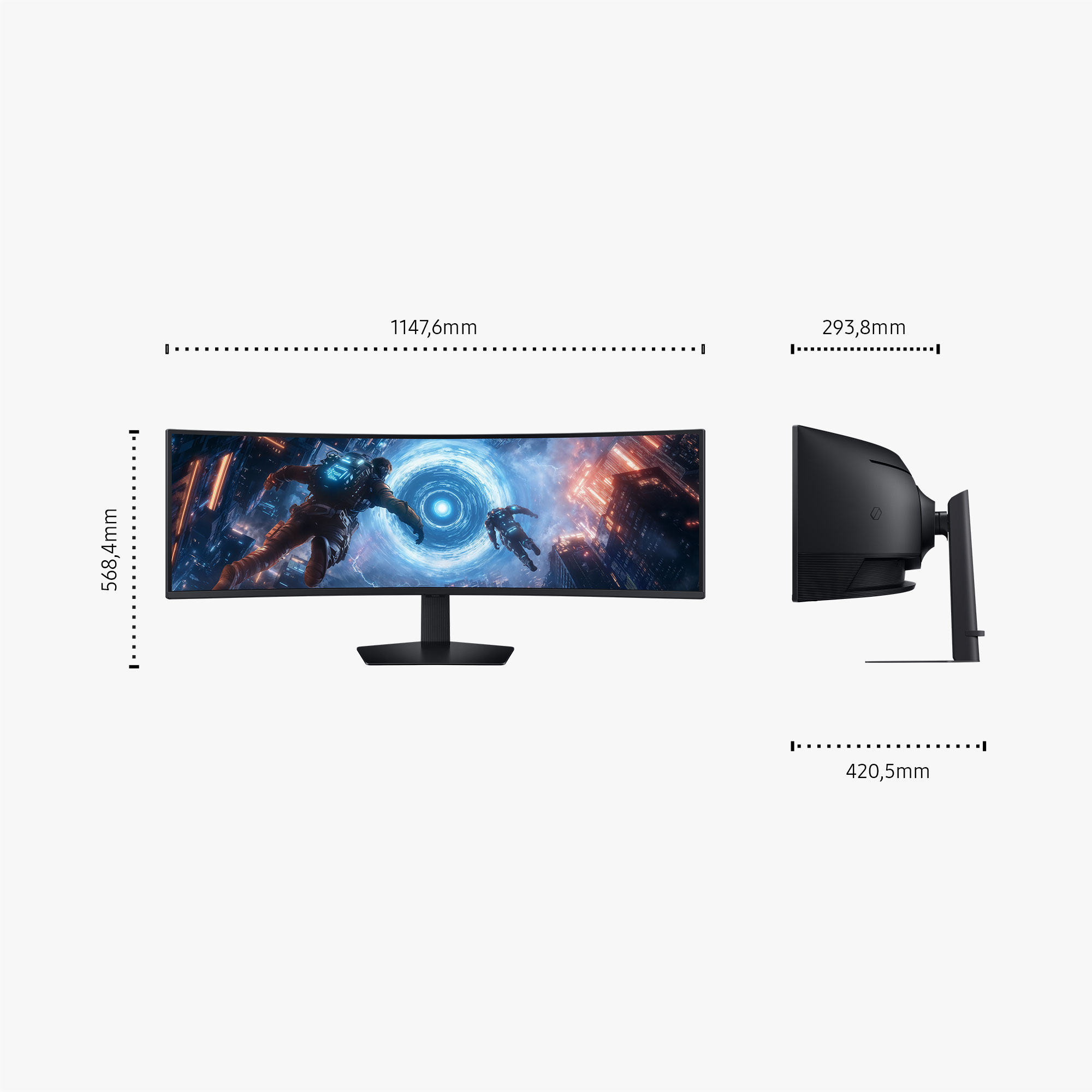 Gebogener Monitor mit Abmessungen, Seitenansicht.