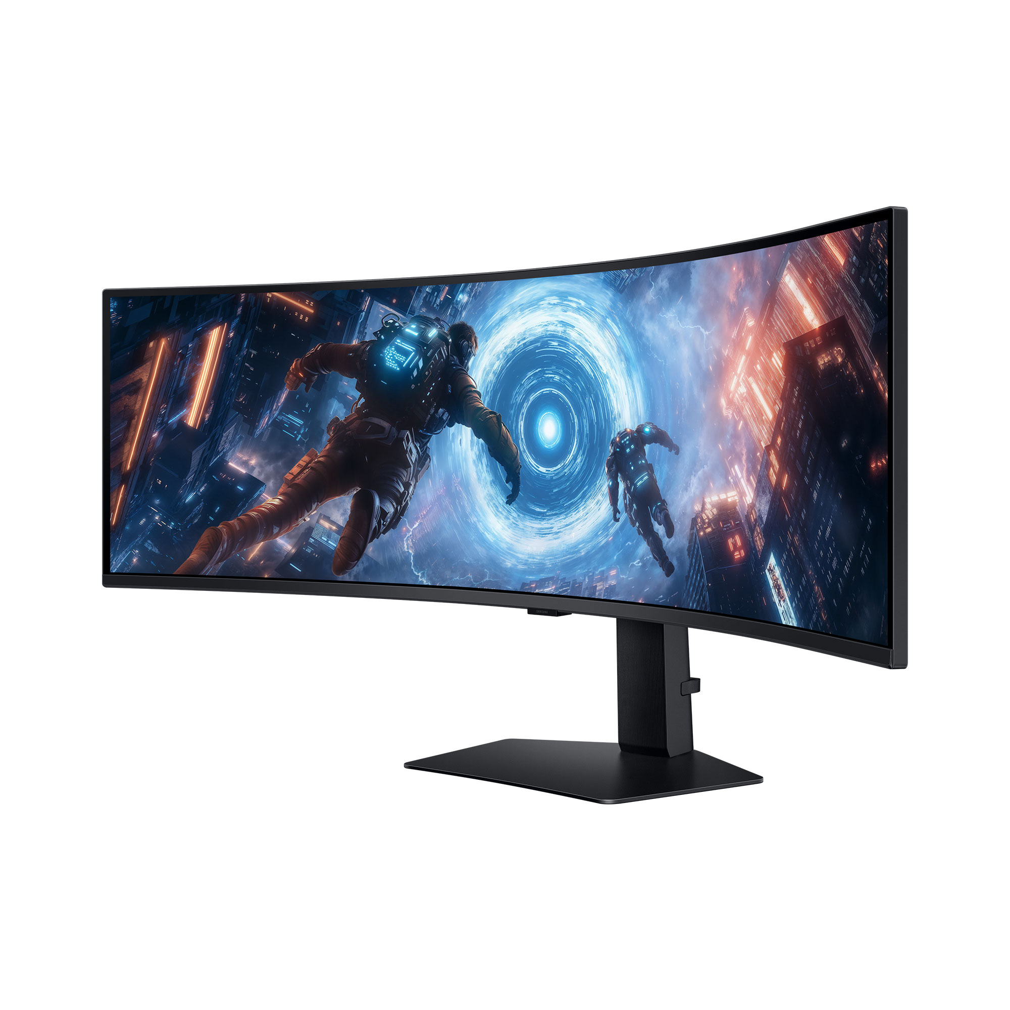 Ein gebogener Computermonitor, der eine futuristische Stadtszene zeigt.