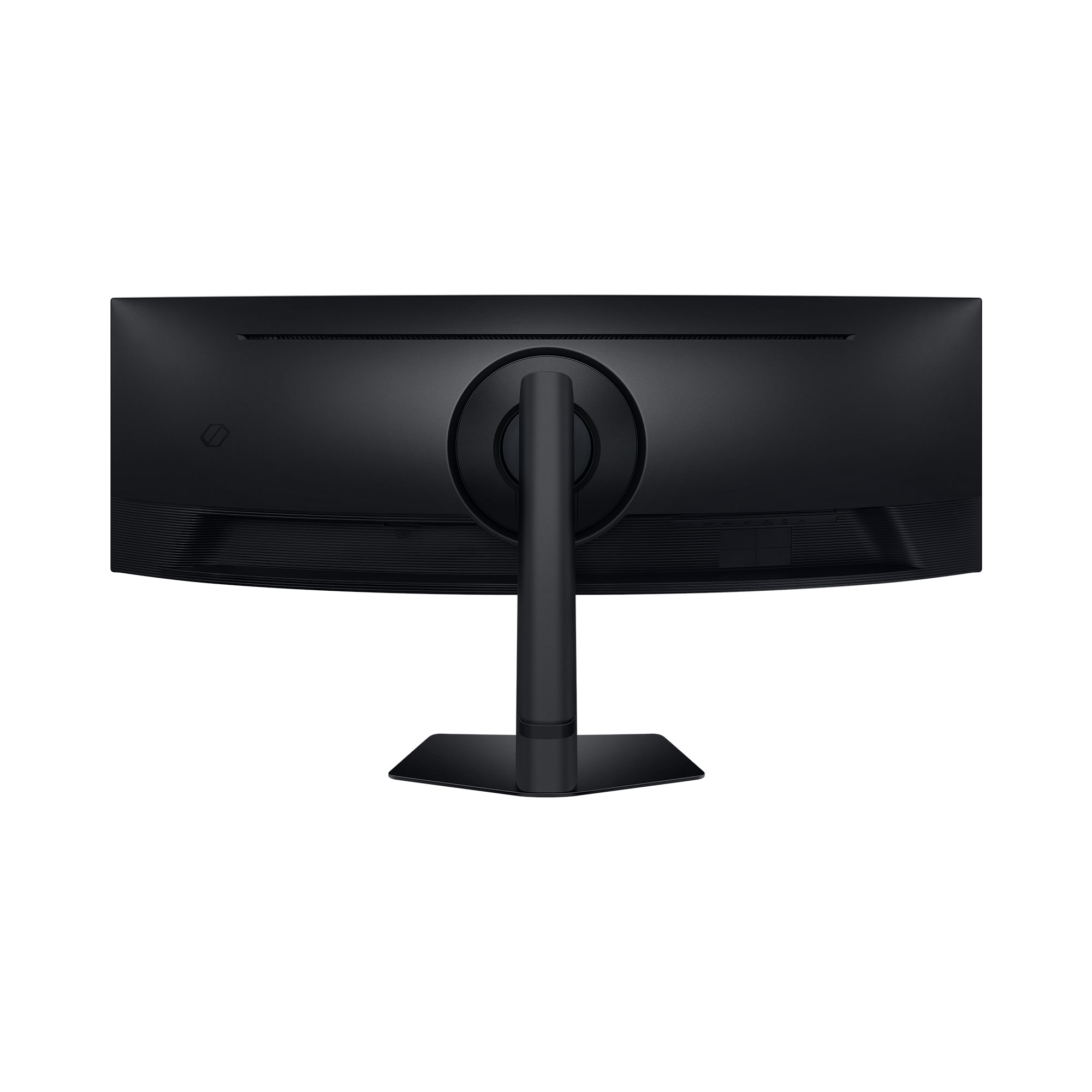 Schwarzer Computermonitor von hinten, mit Ständer. Der Monitor ist gebogen und hat einen Ständer.