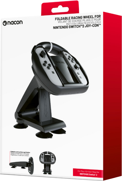 Nacon faltbares Rennlenkrad für Nintendo Switch. Die Verpackung zeigt das Lenkrad und ein kleineres Bild davon.