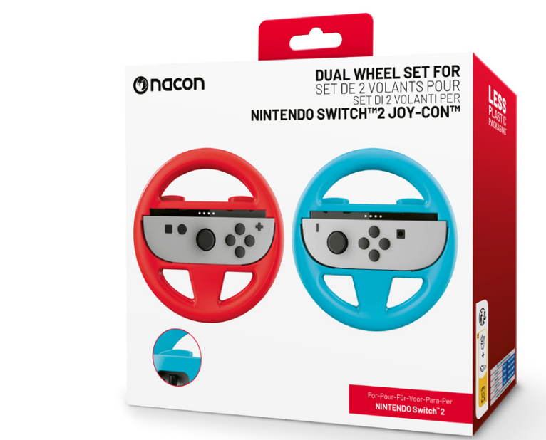 Box mit zwei Nintendo Switch Lenkrädern. Rot und blau, für Joy-Con Controller.