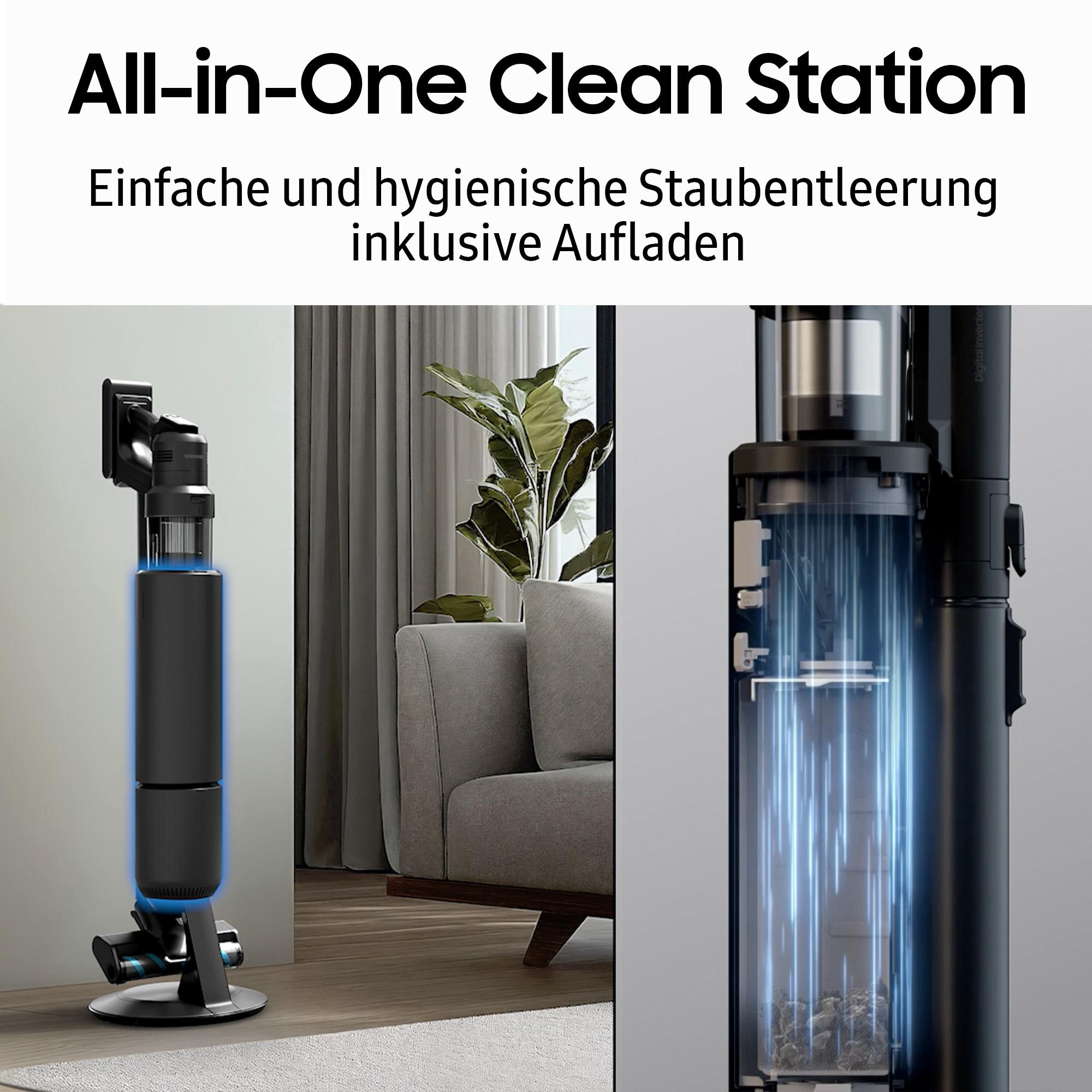 All-in-One Clean Station: Staubsauger mit Ladestation und Detailansicht.