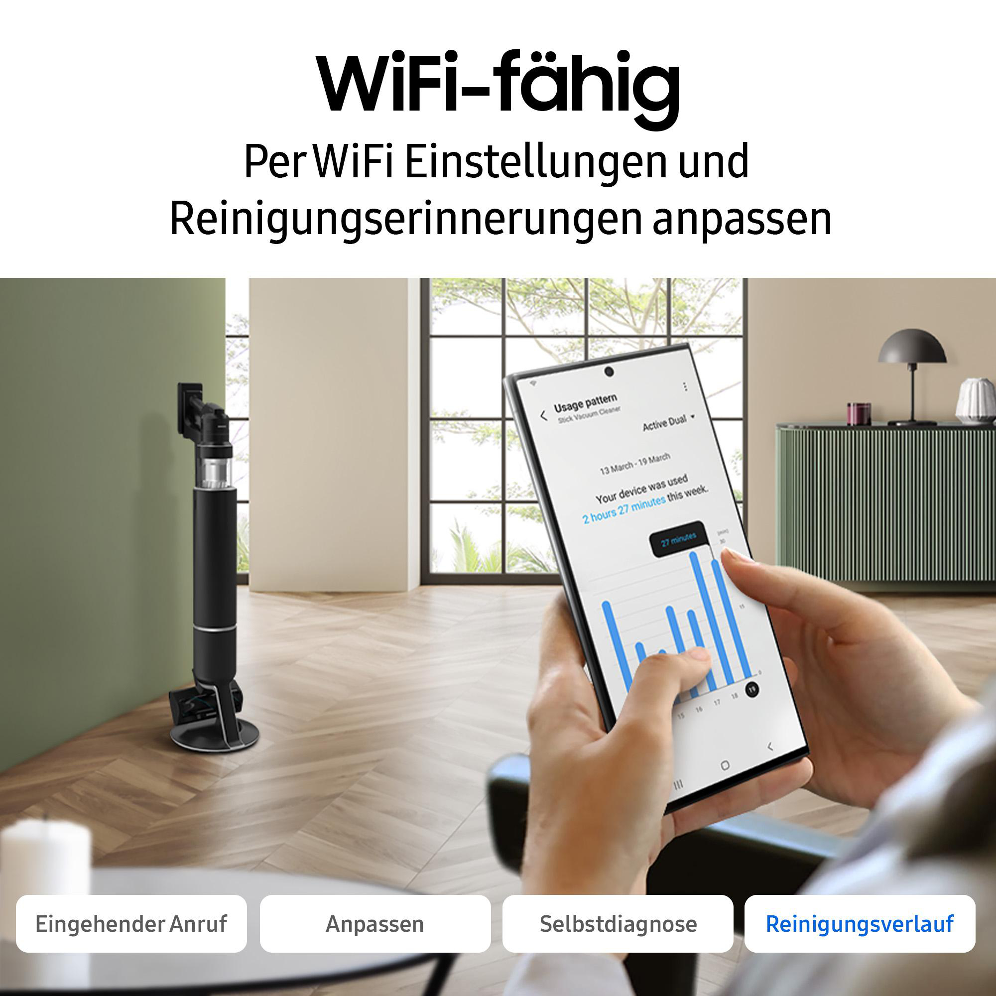 Person hält Telefon mit Nutzungsdaten. Links ein Staubsauger. Text: WiFi-fähig.