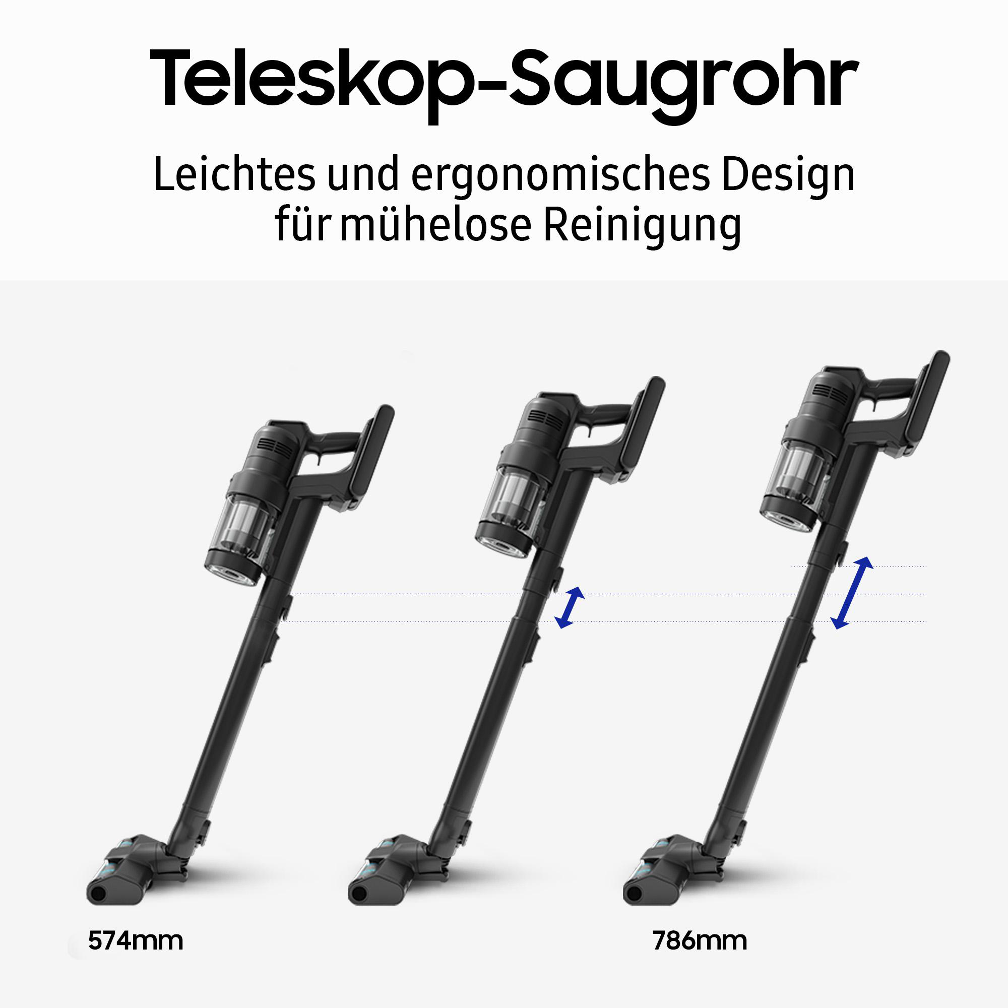 Drei Staubsauger werden gezeigt, jeder mit einem verstellbaren Teleskoprohr.