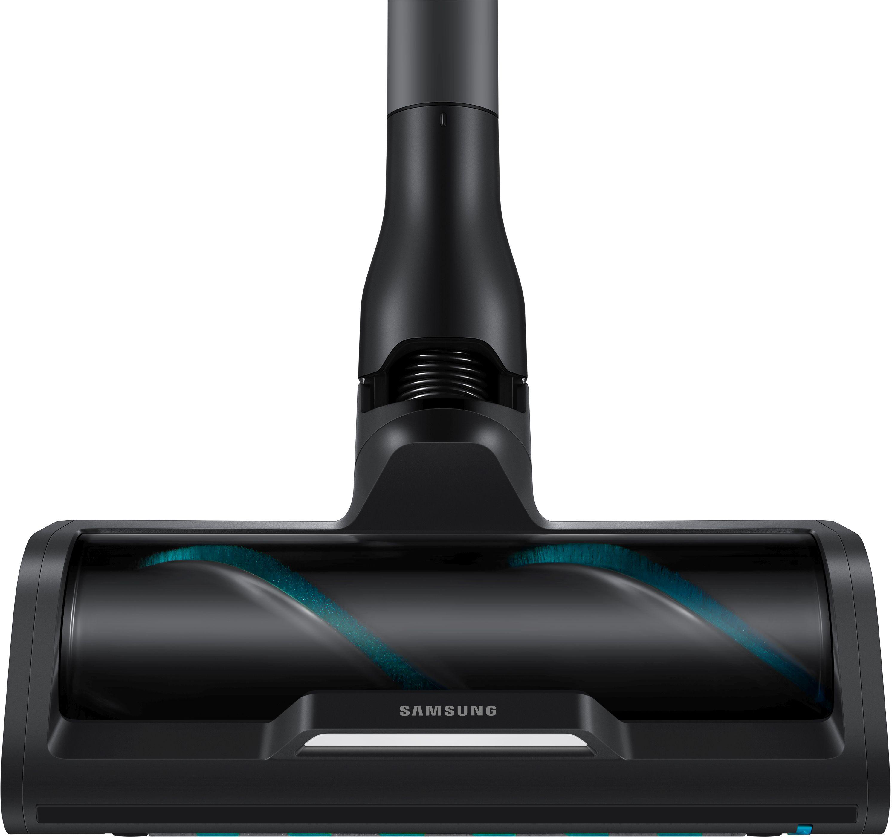 Schwarzer Staubsaugerkopf mit blauen Bürstenborsten, Marke Samsung.