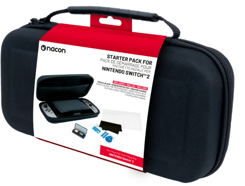 Schwarze Nacon Nintendo Switch 2 Starter-Pack-Hülle. Enthält die Hülle, Displayschutzfolie und Zubehör.
