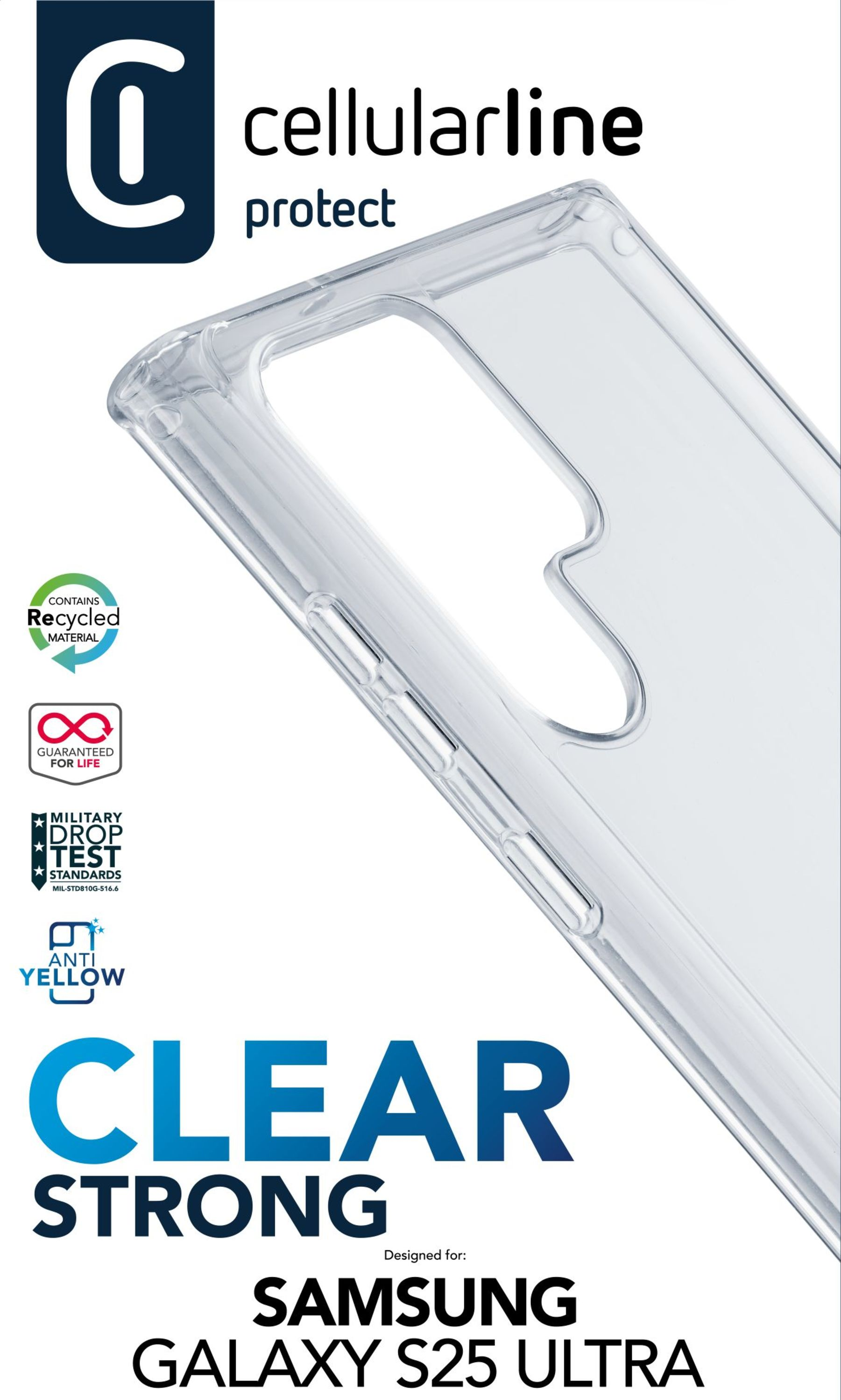 Samsung Galaxy S25 Ultra için şeffaf telefon kılıfı. cellularline protect logosu, geri dönüştürülmüş malzeme, düşme testi standartları ve sararma karşıtı özelliklere sahip.