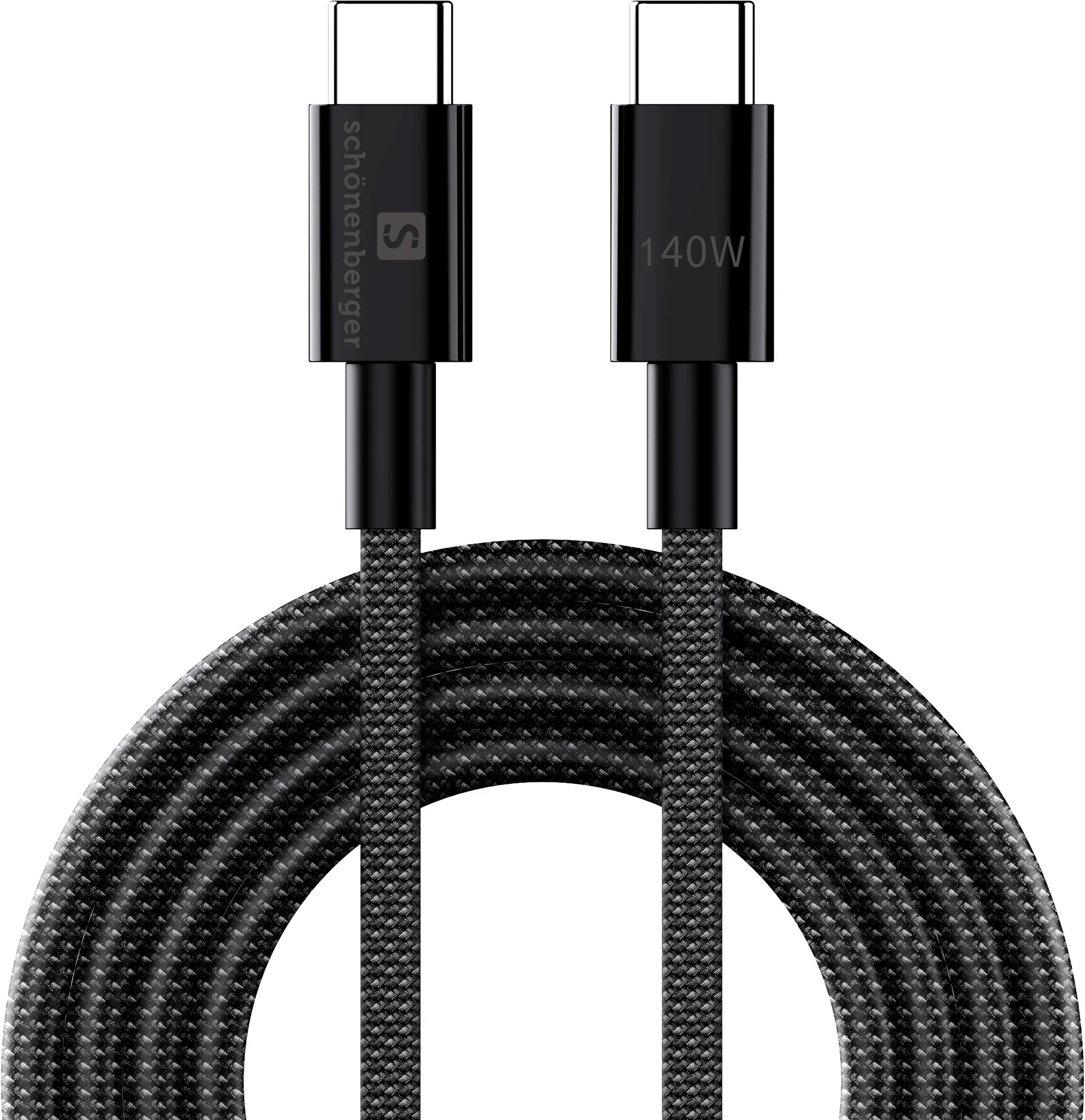 Deux câbles USB-C noirs tressés avec des connecteurs noirs, un étiqueté 140W. Fond blanc.