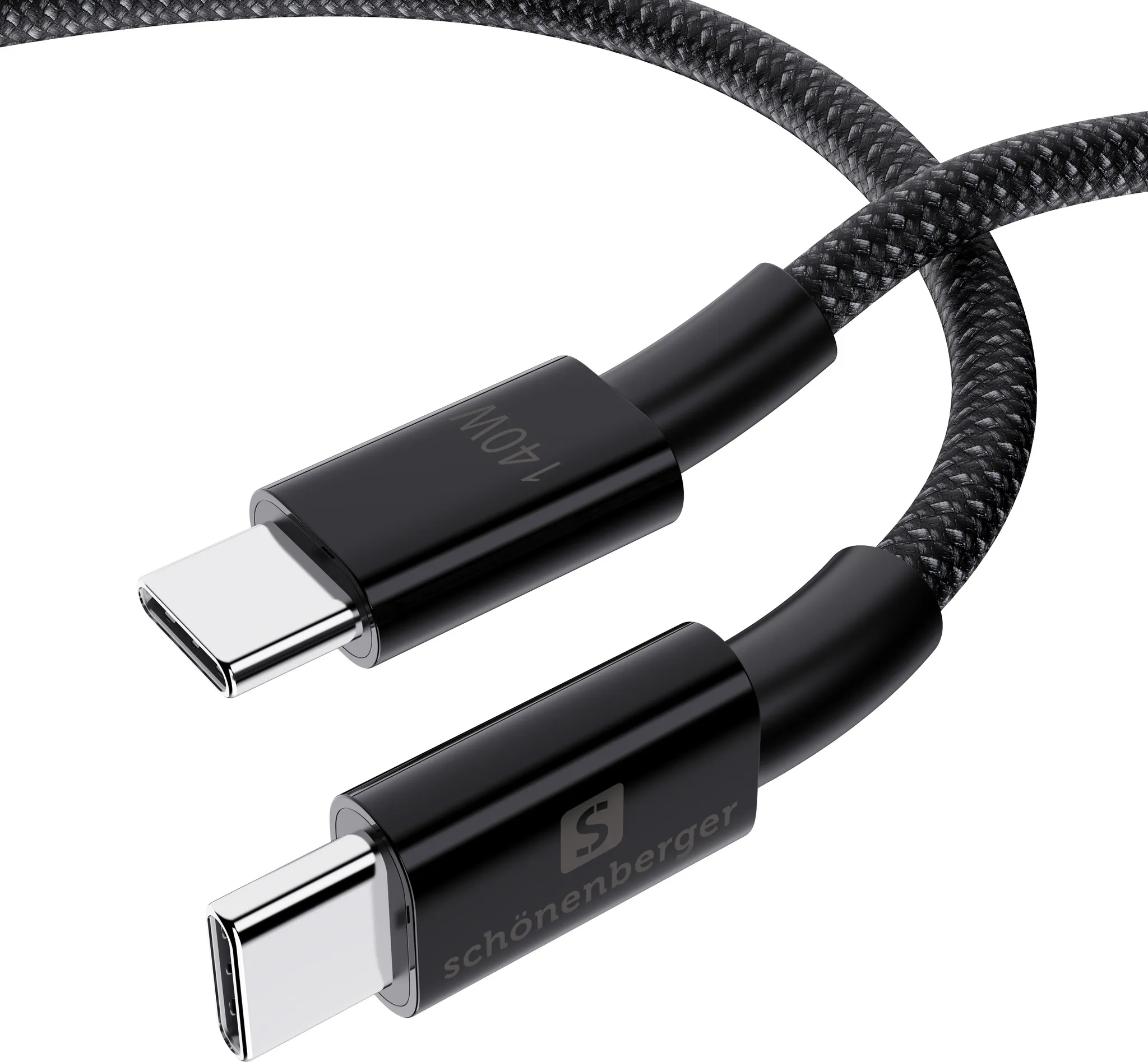 Câble USB-C tressé noir et gris. Montre les connecteurs et le logo Schönenberger.