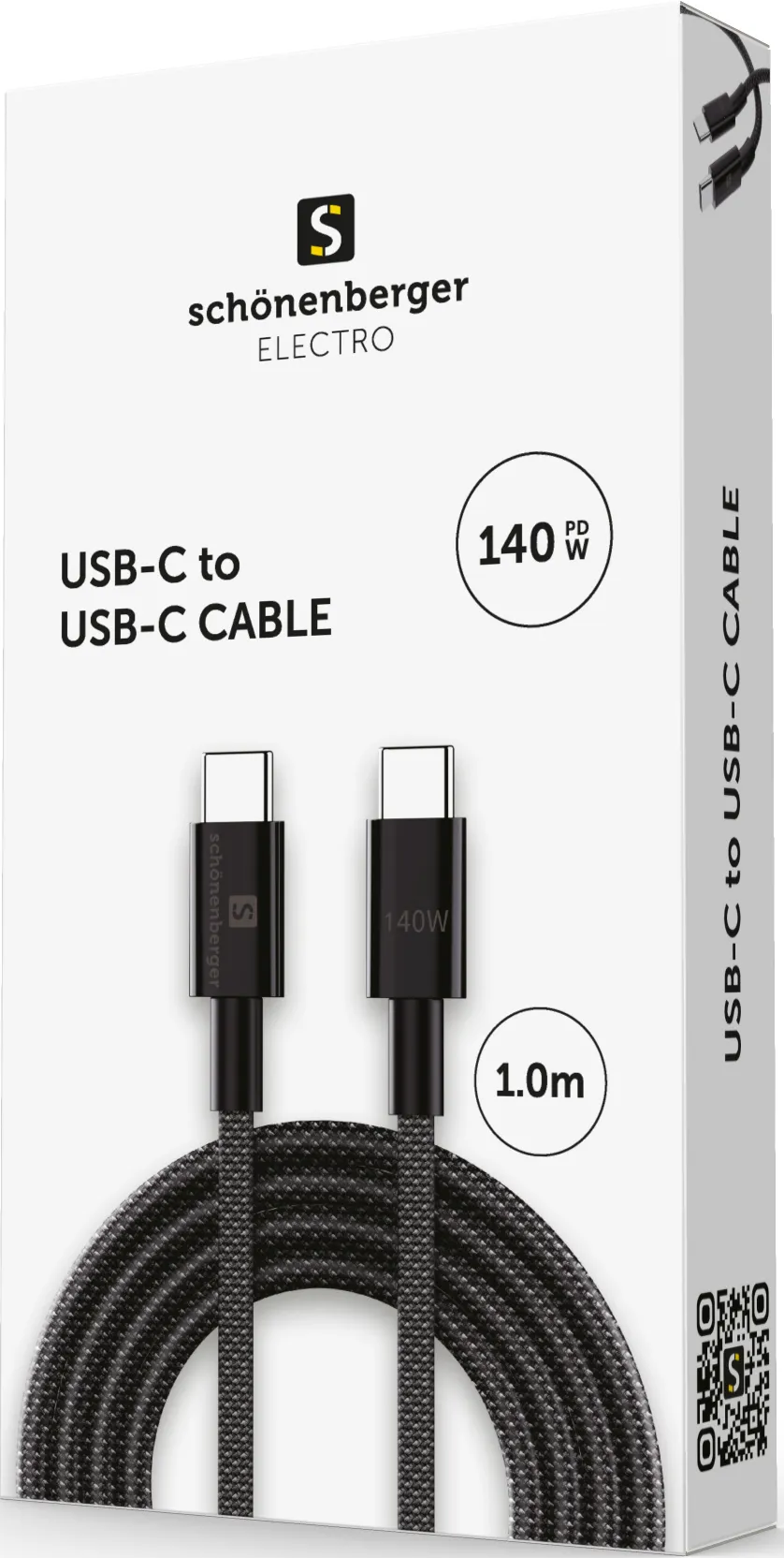Câble USB-C blanc et noir dans une boîte. La boîte montre le câble et du texte.