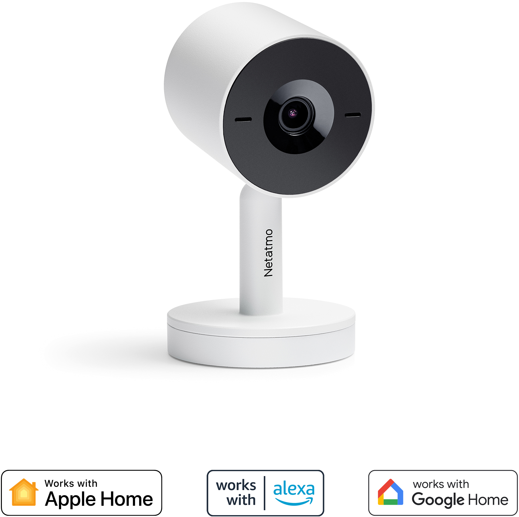 Weiße Überwachungskamera mit schwarzem Objektiv auf einem weißen Ständer. Unten Smart Home Logos.