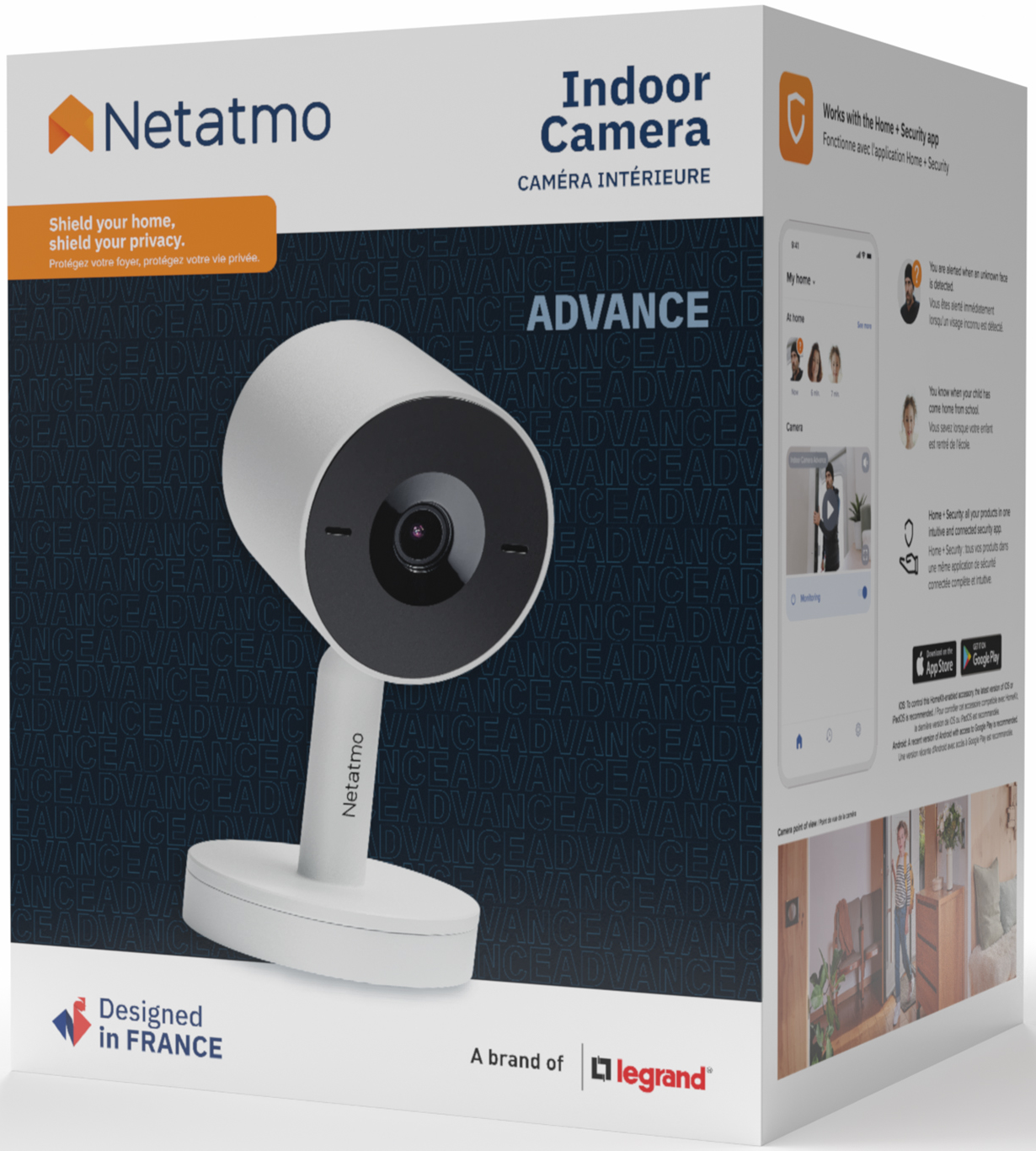 Weiße Netatmo Indoor-Kamera in einer Box. Die Box zeigt eine Telefon-App-Oberfläche.