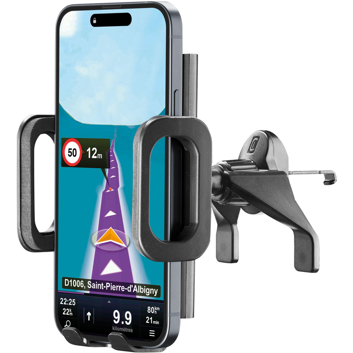 Schwarzes Telefon in einer Telefonhalterung. Das Telefon zeigt eine Navigations-App mit 50 km/h Geschwindigkeitsbegrenzung.