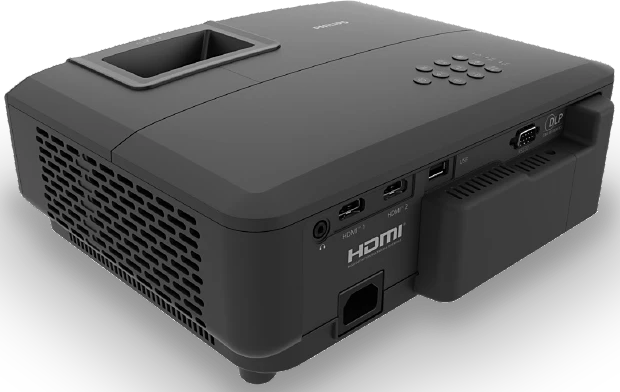 Proiettore Philips nero. Mostra il lato con porte come HDMI e USB, vista angolata.