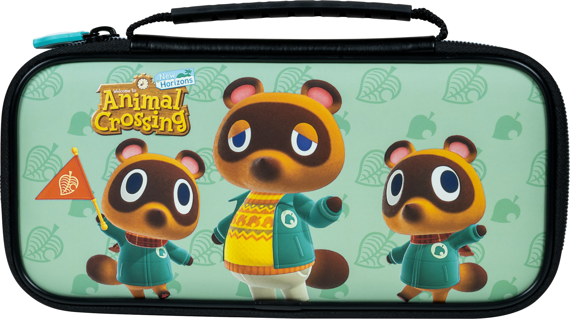 Animal Crossing-Etui. Drei Tom Nook-Charaktere auf grünem Hintergrund. Schwarzes Etui mit Reißverschluss.