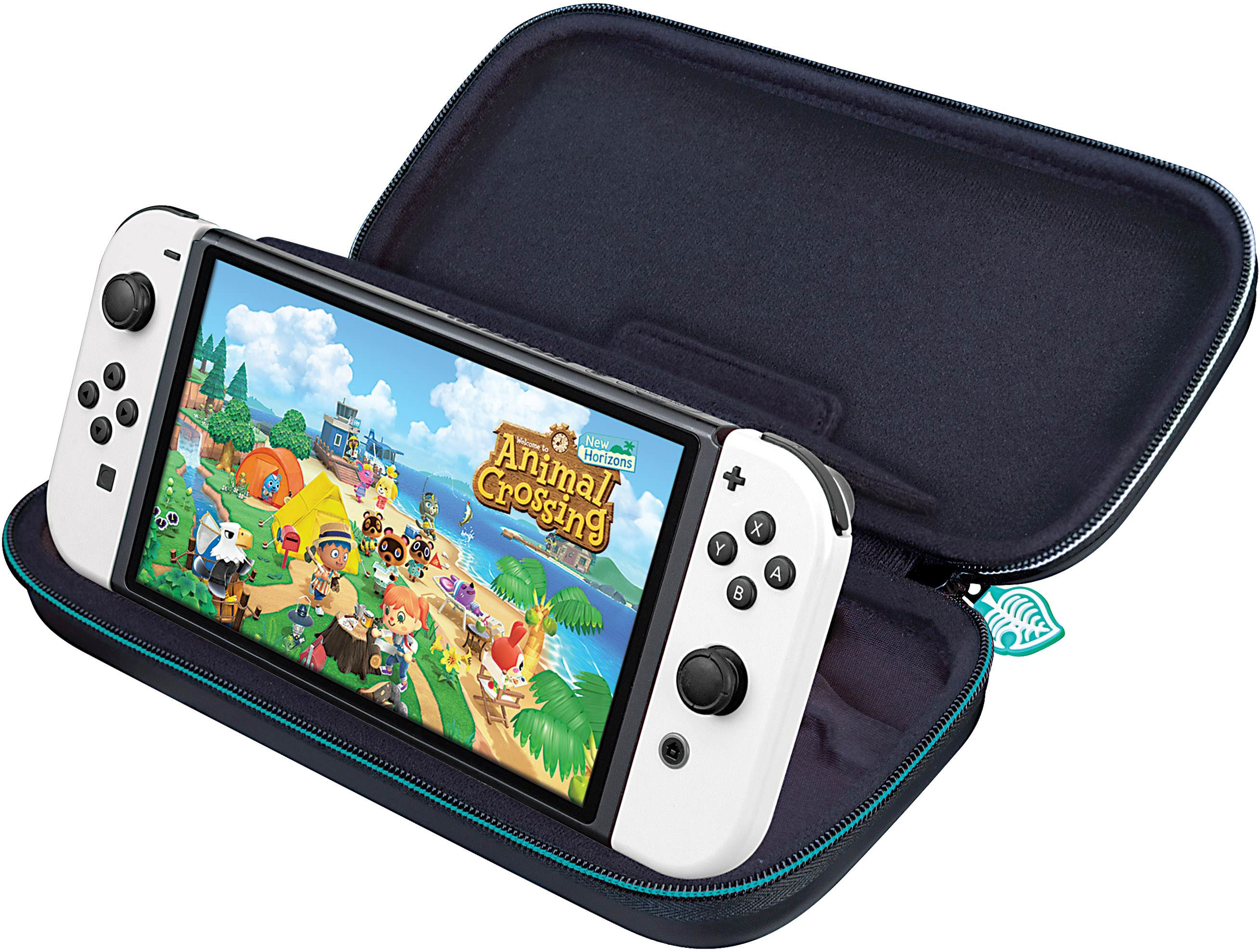 Eine Nintendo Switch-Konsole in ihrem Gehäuse, die einen Spielbildschirm anzeigt.