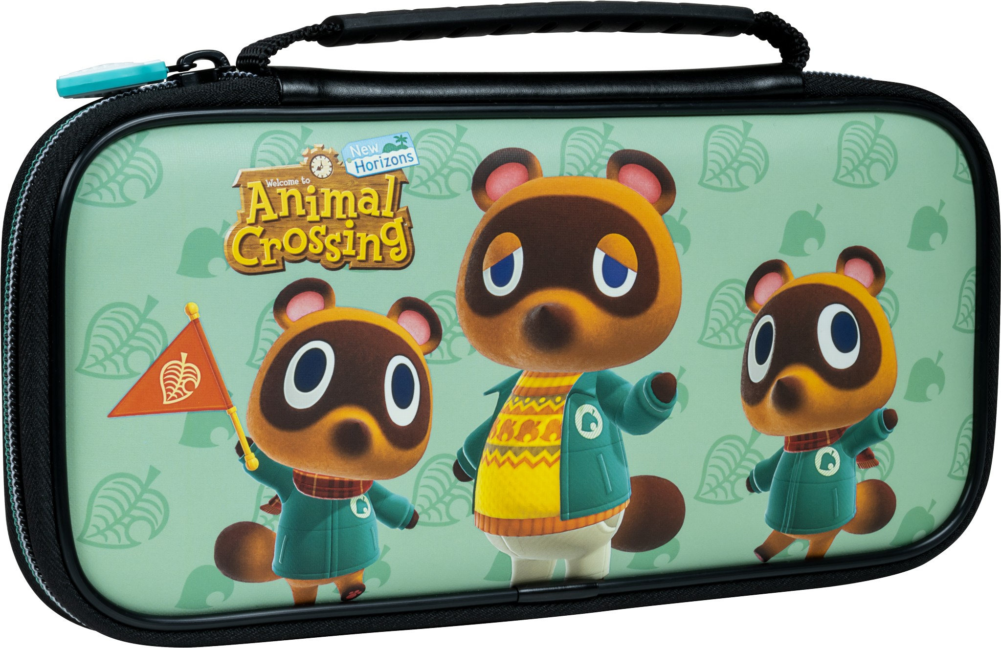 Eine Nintendo Switch-Hülle mit Animal Crossing-Charakteren. Die Hülle ist hellgrün mit Blättermustern.