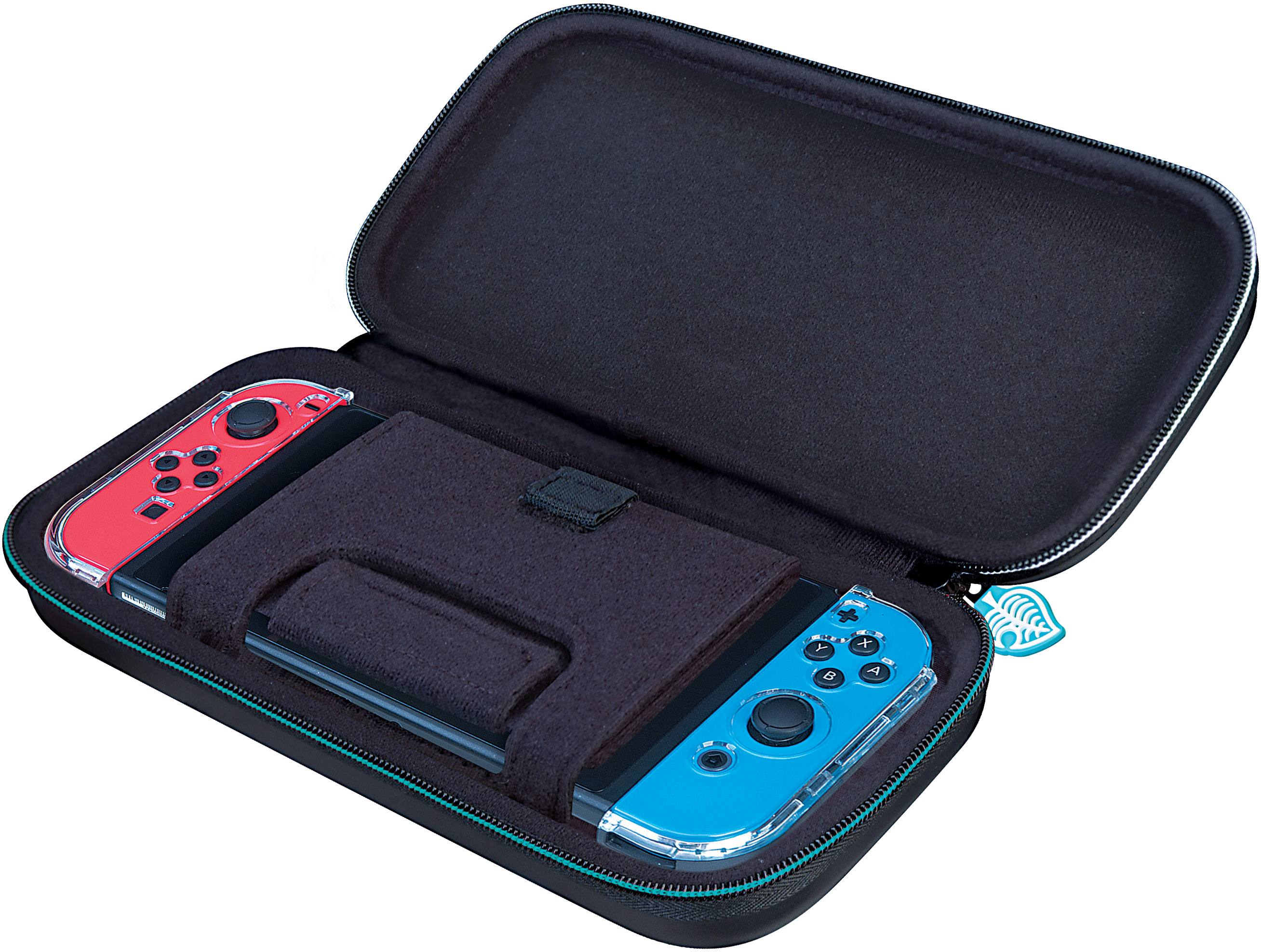 Schwarze Switch-Hülle offen, mit rotem und blauem Controller drin.