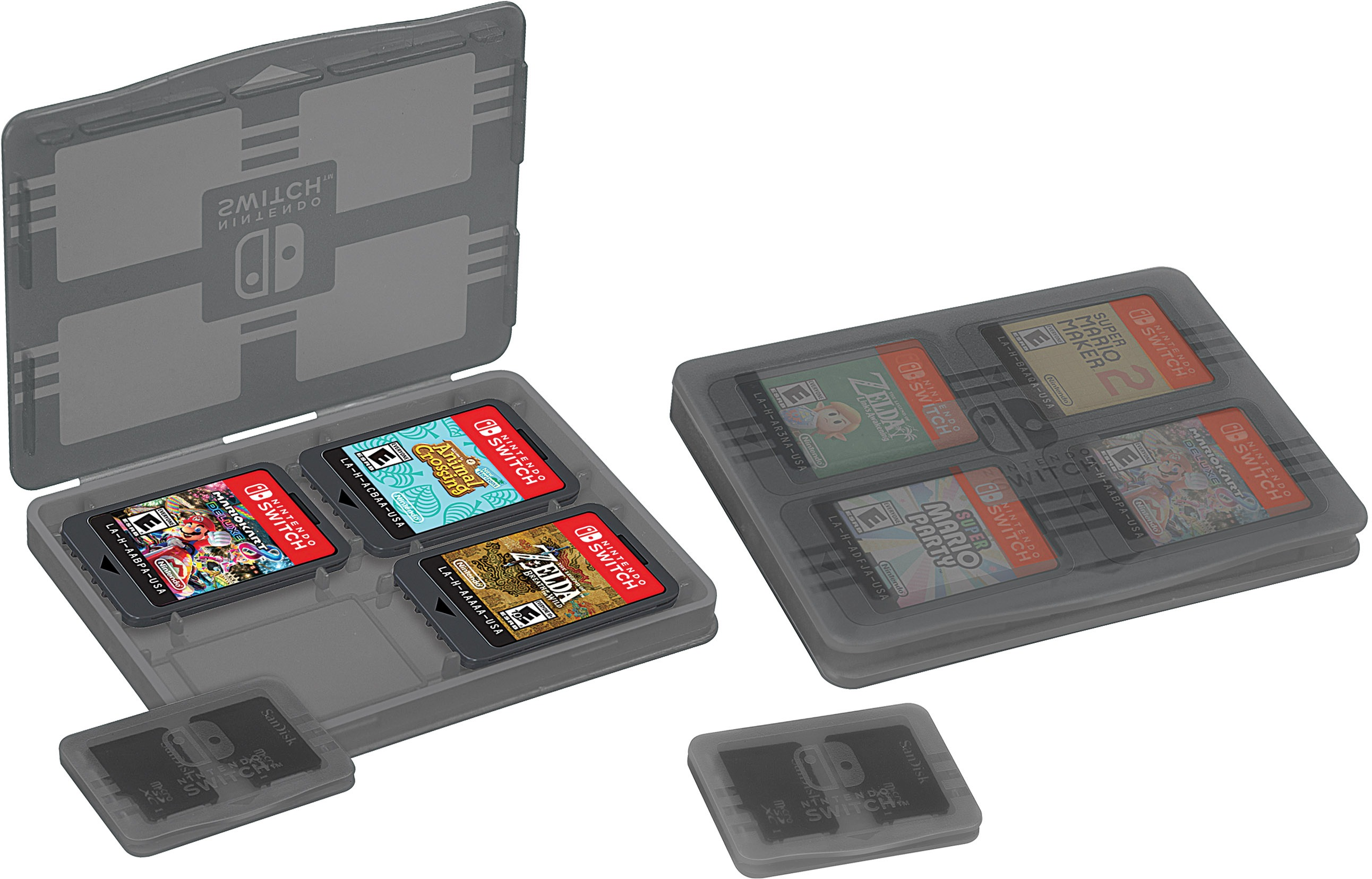 Graues Nintendo Switch-Spielkassettenetui mit Spielkassetten.
