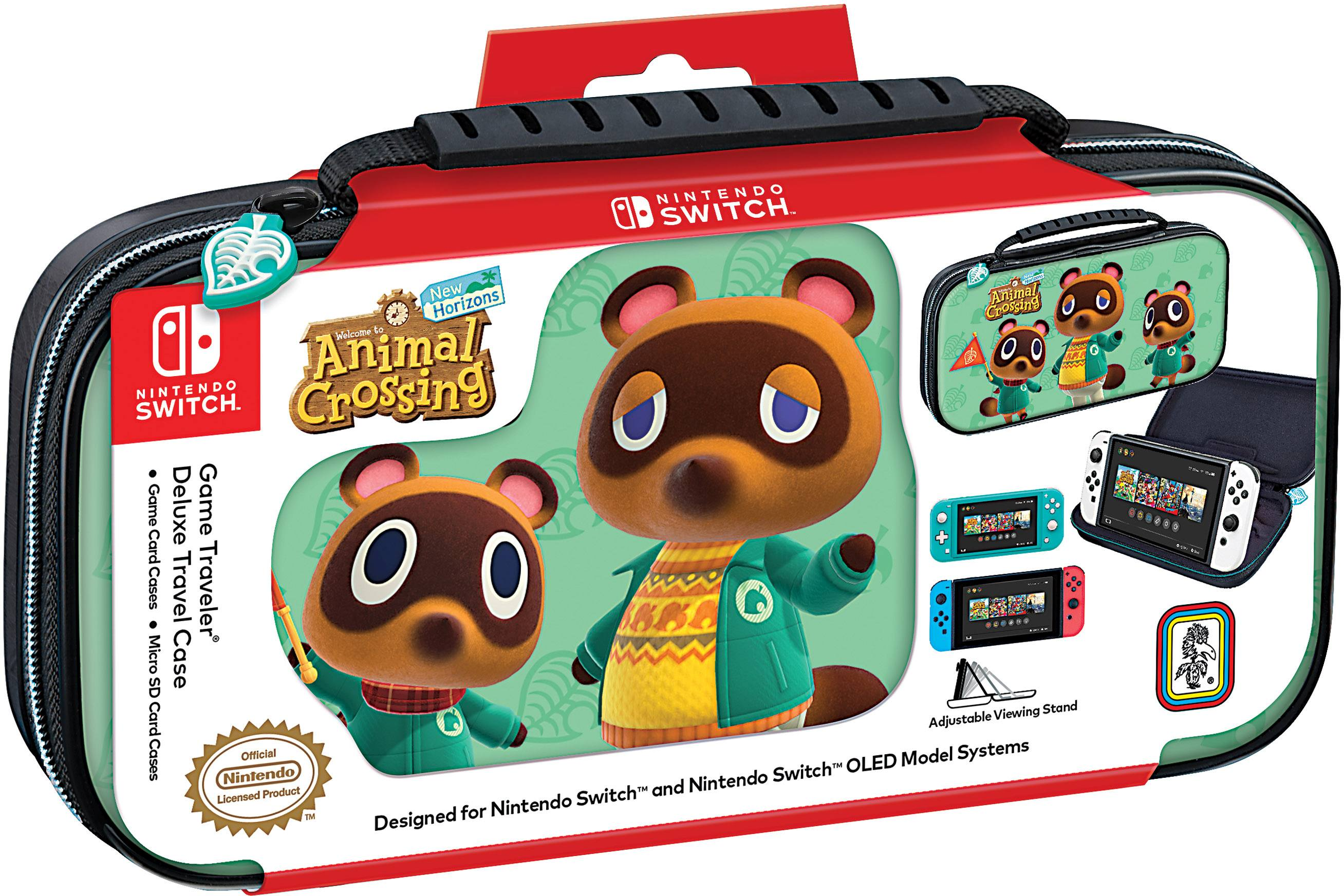 Animal Crossing Nintendo Switch Reiseetui, mit Tom Nook und Animal Crossing-Charakteren.