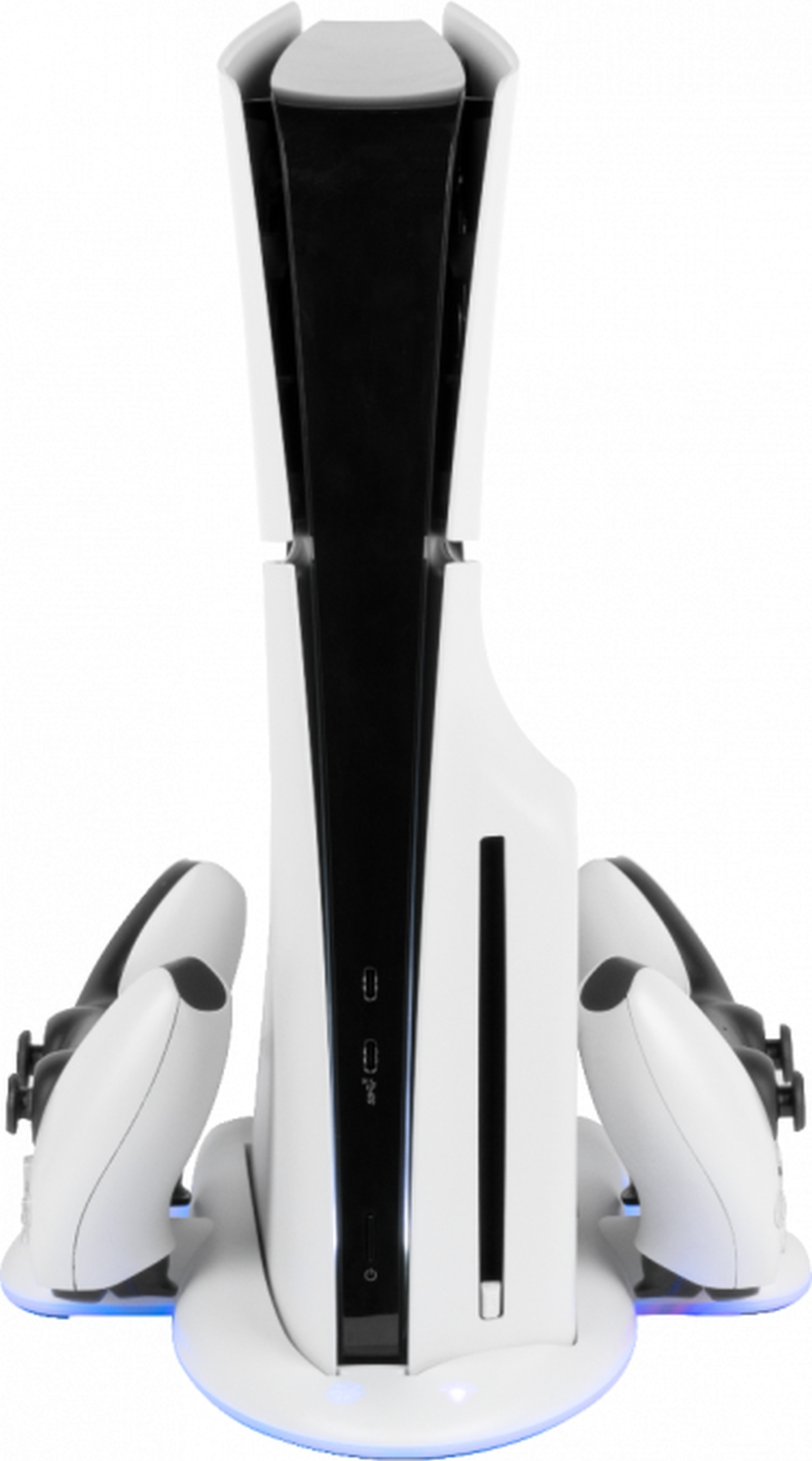 Console de jeu blanche avec manettes, vue verticale.