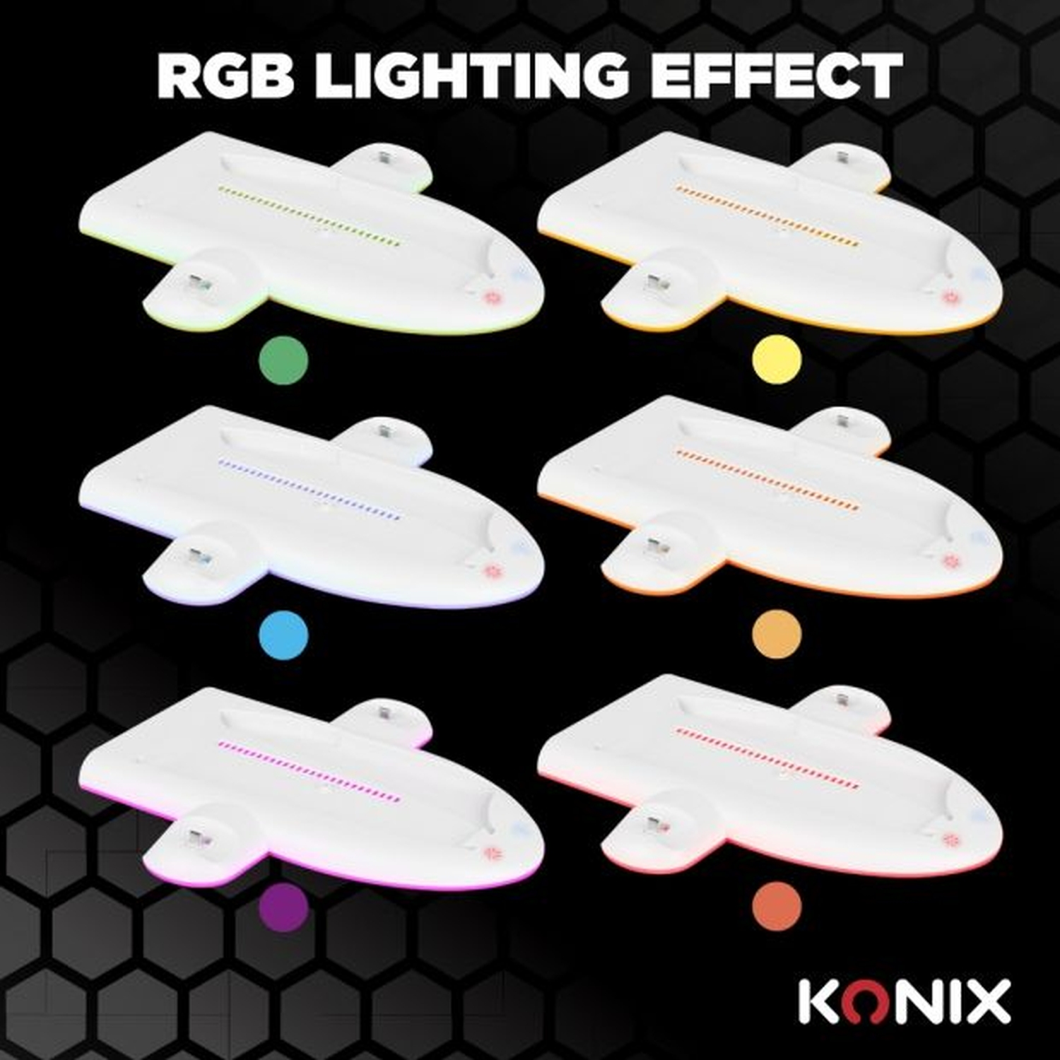 Six panneaux d'éclairage RGB blancs, ovales, avec divers effets de couleur sur une surface noire.