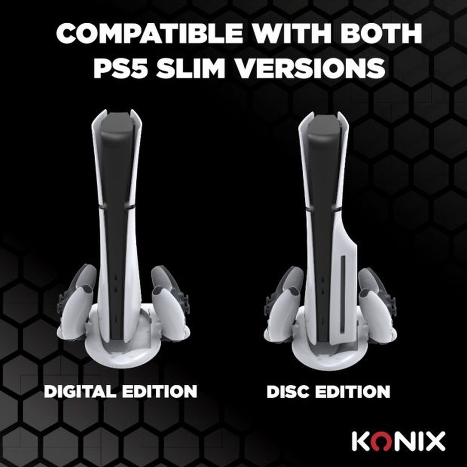 Fond noir avec deux supports de console PS5 slim, édition numérique et disque.