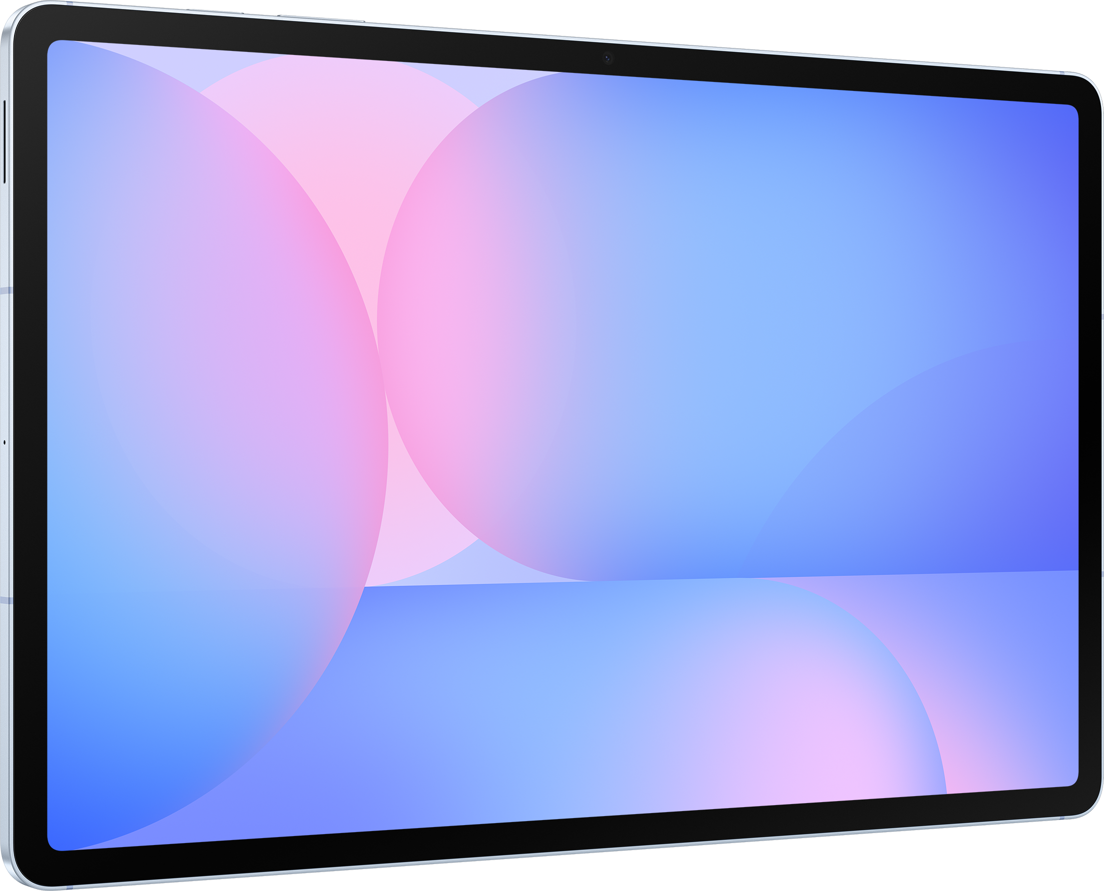 Ein Tablet mit einem Bildschirm, der einen Farbverlauf aus rosa und blauen Kreisen zeigt.