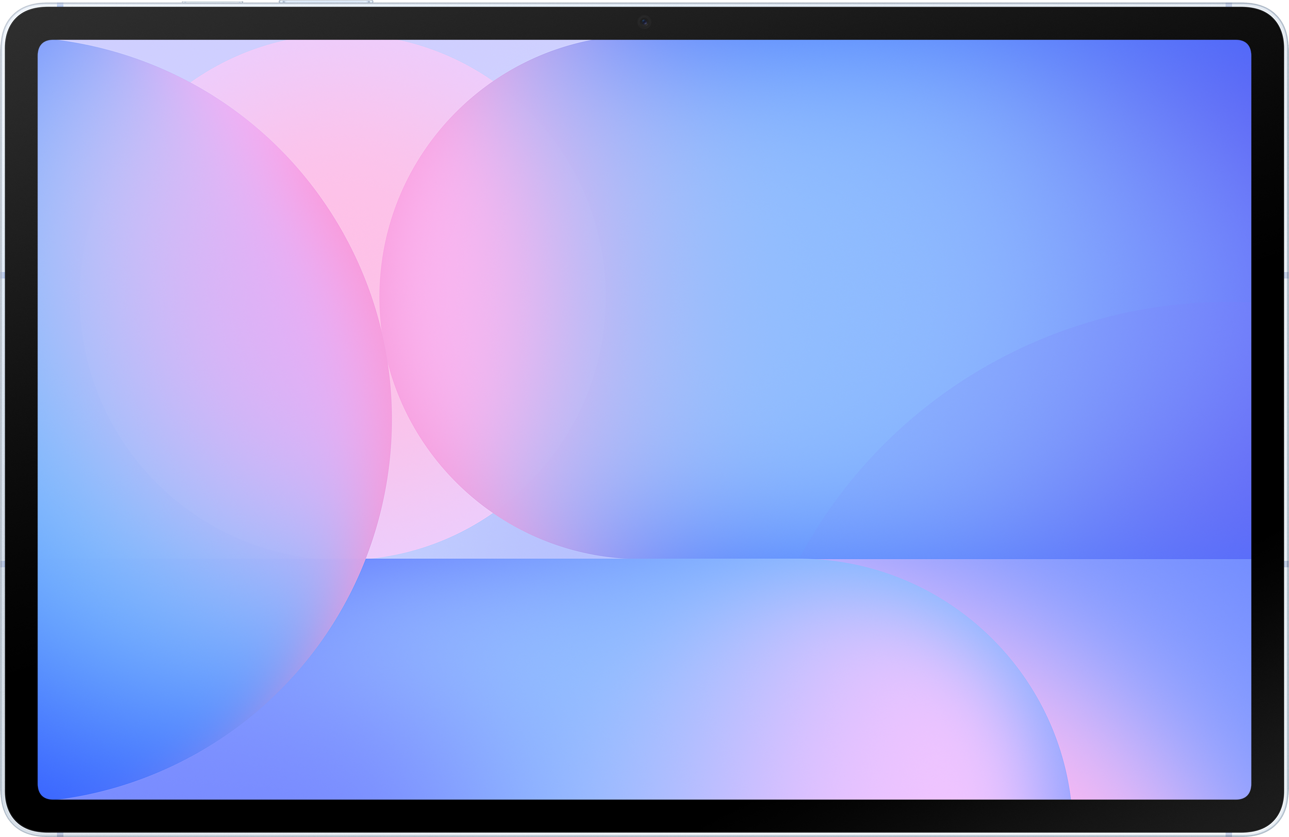 Tablet-Bildschirm mit großen rosa und blauen Kreisen. Zeigt einen glatten, farbenfrohen Hintergrund.