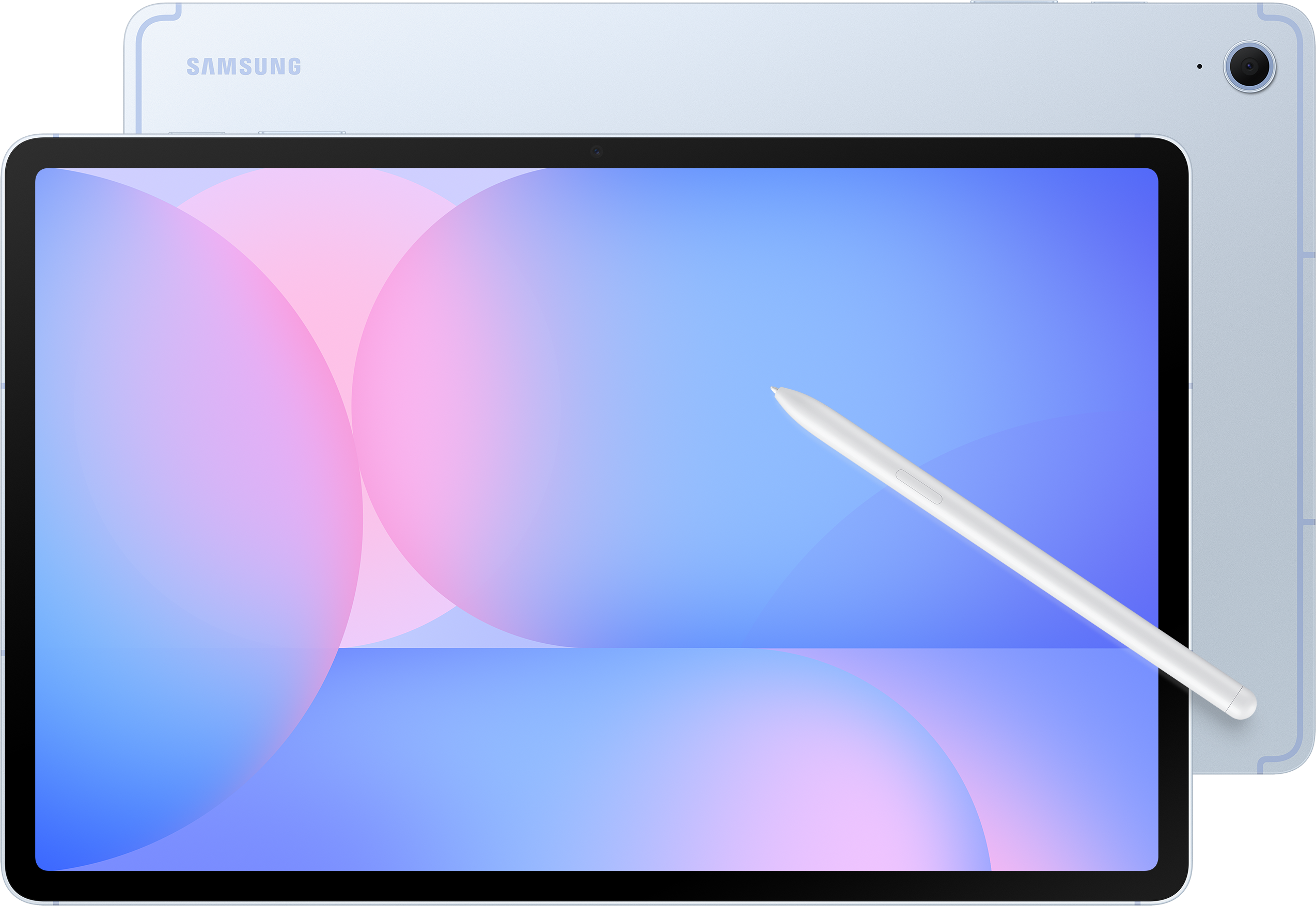 Zwei hellblaue Tablets. Eines zeigt einen Bildschirm mit rosa und blauen Kreisen. Es gibt einen weißen Stift.