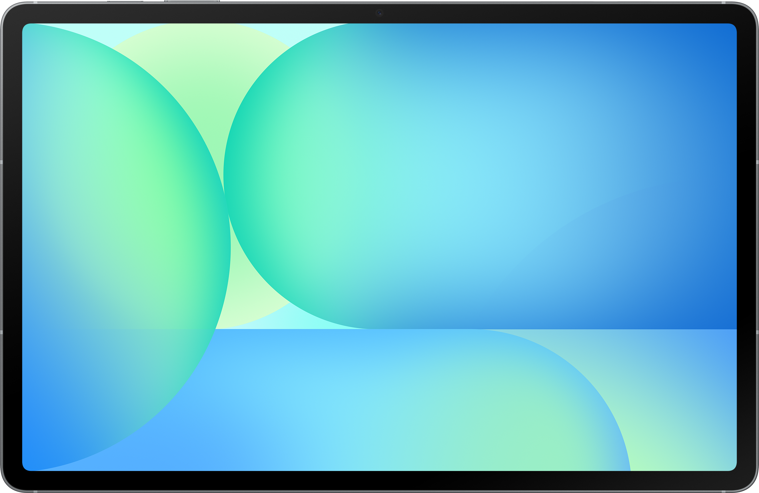 Une tablette avec un écran affichant un dégradé abstrait bleu et vert, avec un cadre noir.