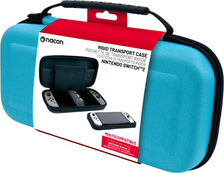 Blaue Nacon Nintendo Switch Hülle mit einer Switch-Konsole darin.