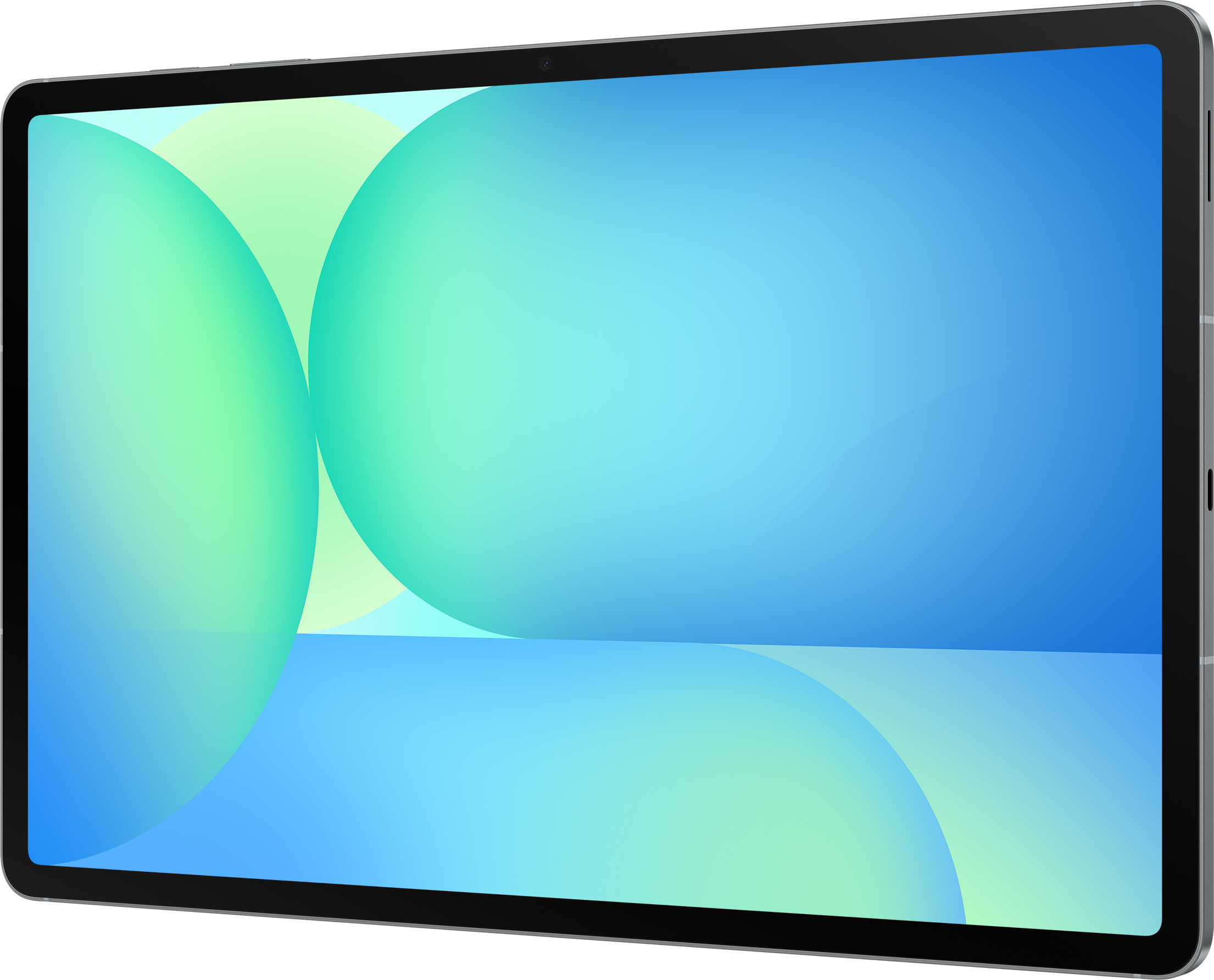 Tablette avec un cadre sombre, affichant un design abstrait bleu et vert.