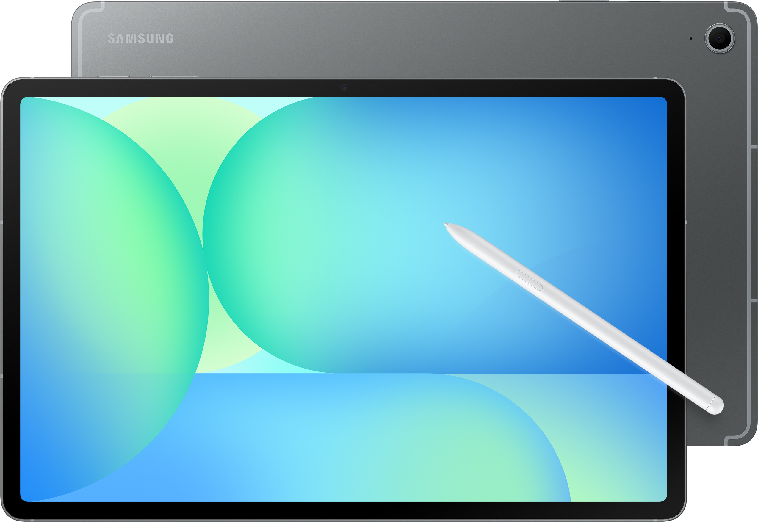 Une tablette avec un écran bleu et un stylet. Le dos est également visible.