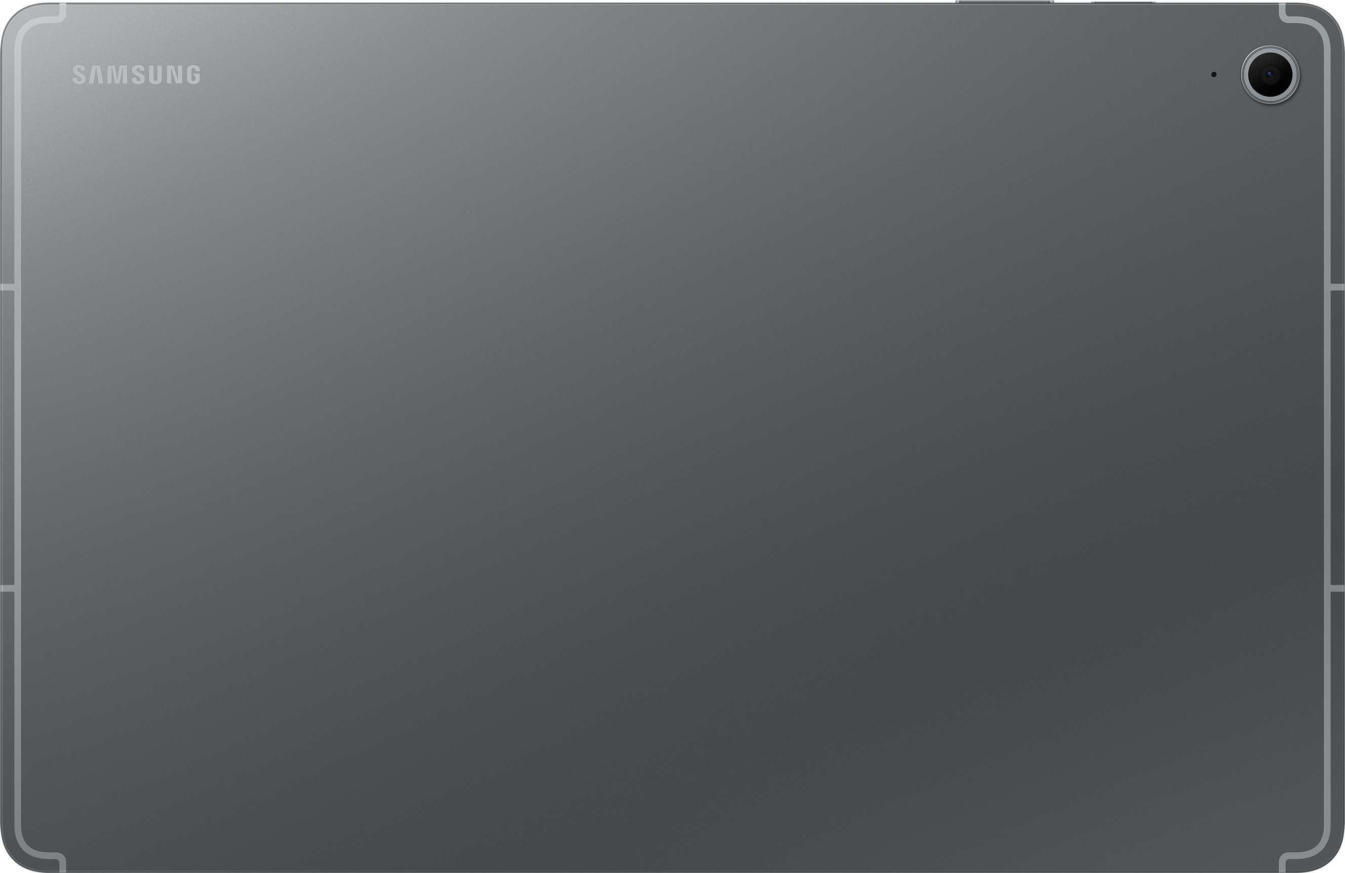 L'arrière d'une tablette gris foncé avec une caméra et le logo Samsung.