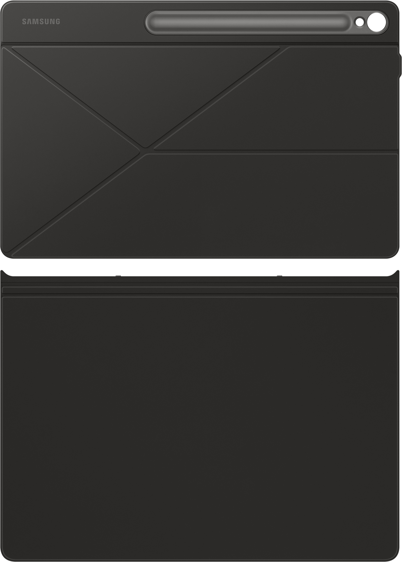 Una custodia per tastiera per tablet nera, ripiegata per stare in piedi. Il logo Samsung è visibile.