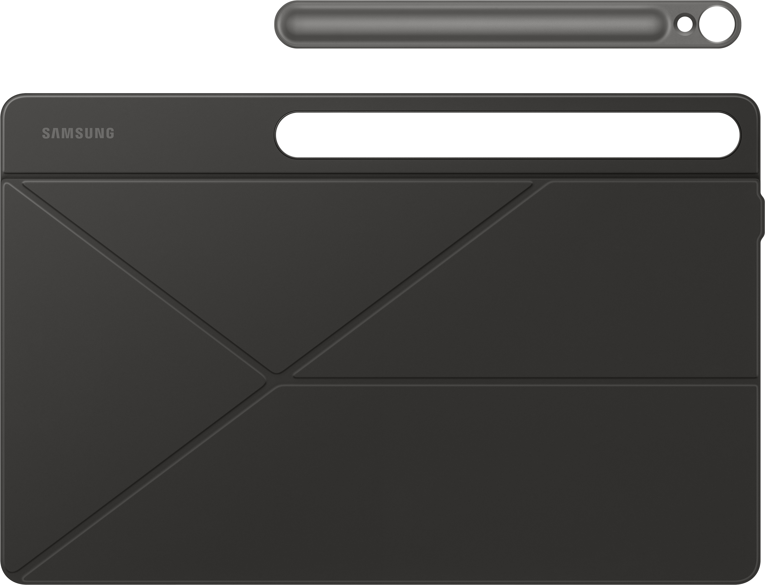 Custodia per tablet grigio scuro con portapenne. Anche la penna è grigia.