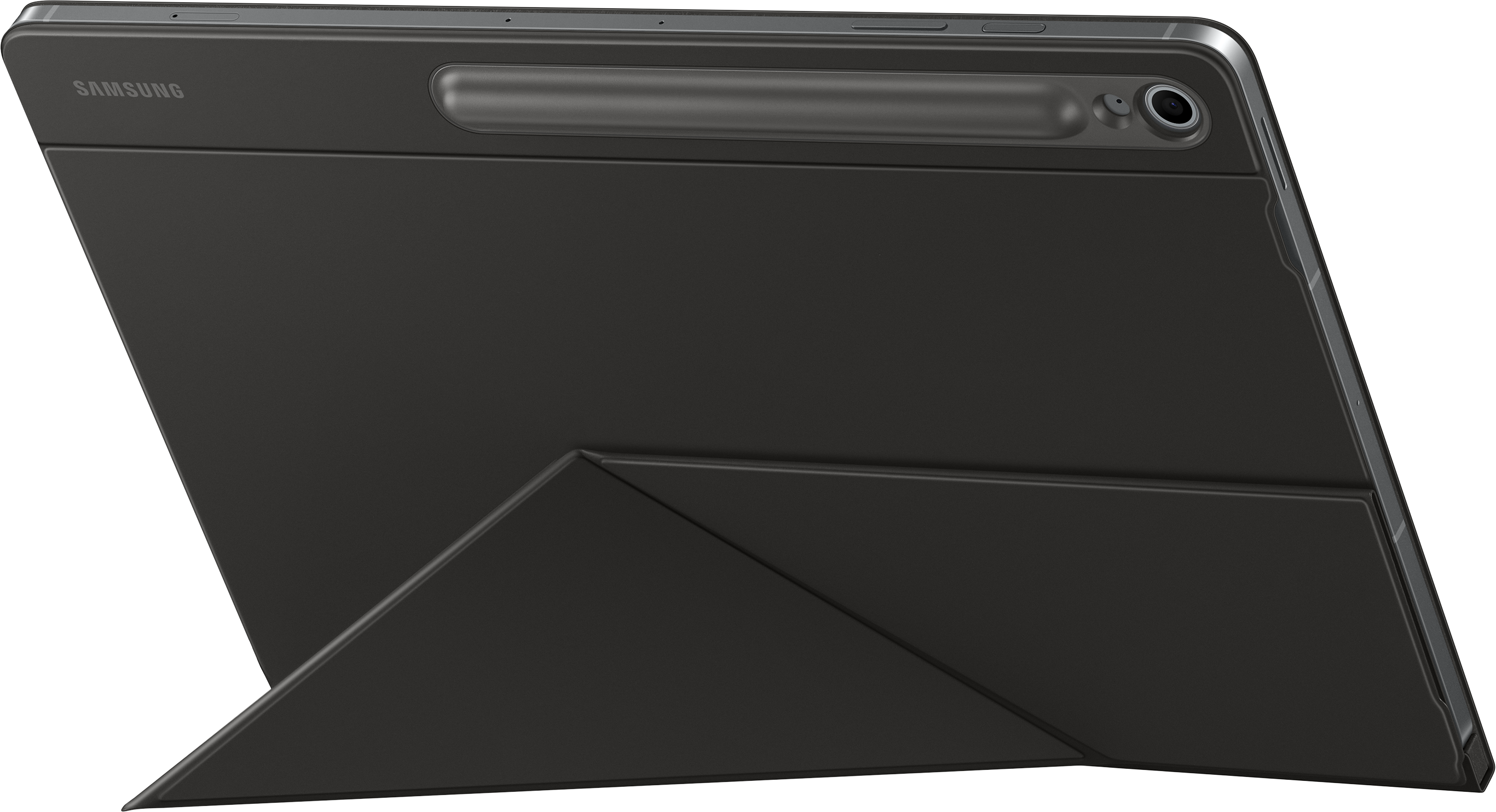 Tablet nero con cover che si piega a supporto. Pennino attaccato al retro.