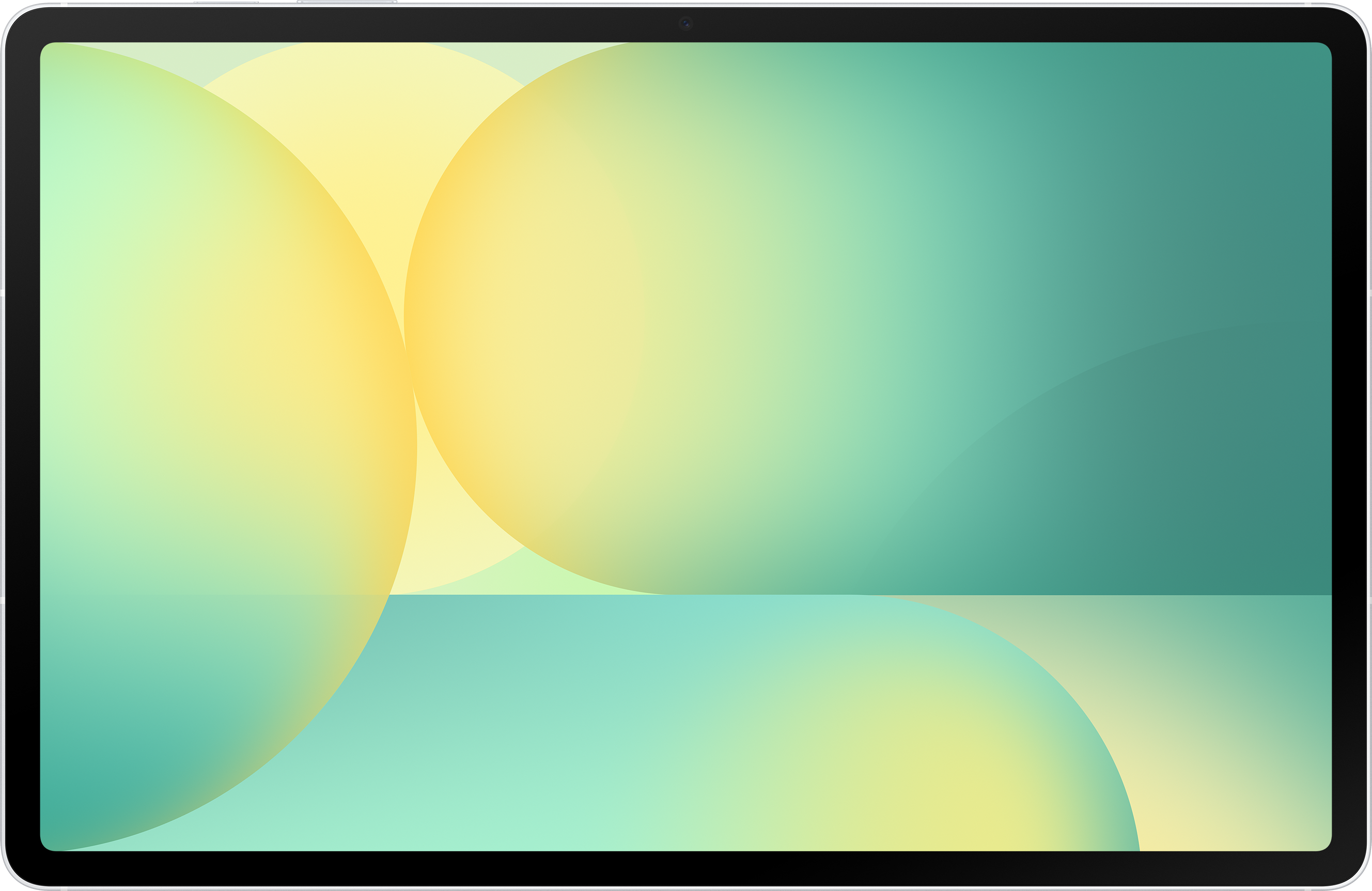Tablette avec un écran affichant des cercles jaunes et turquoise, cadre noir.
