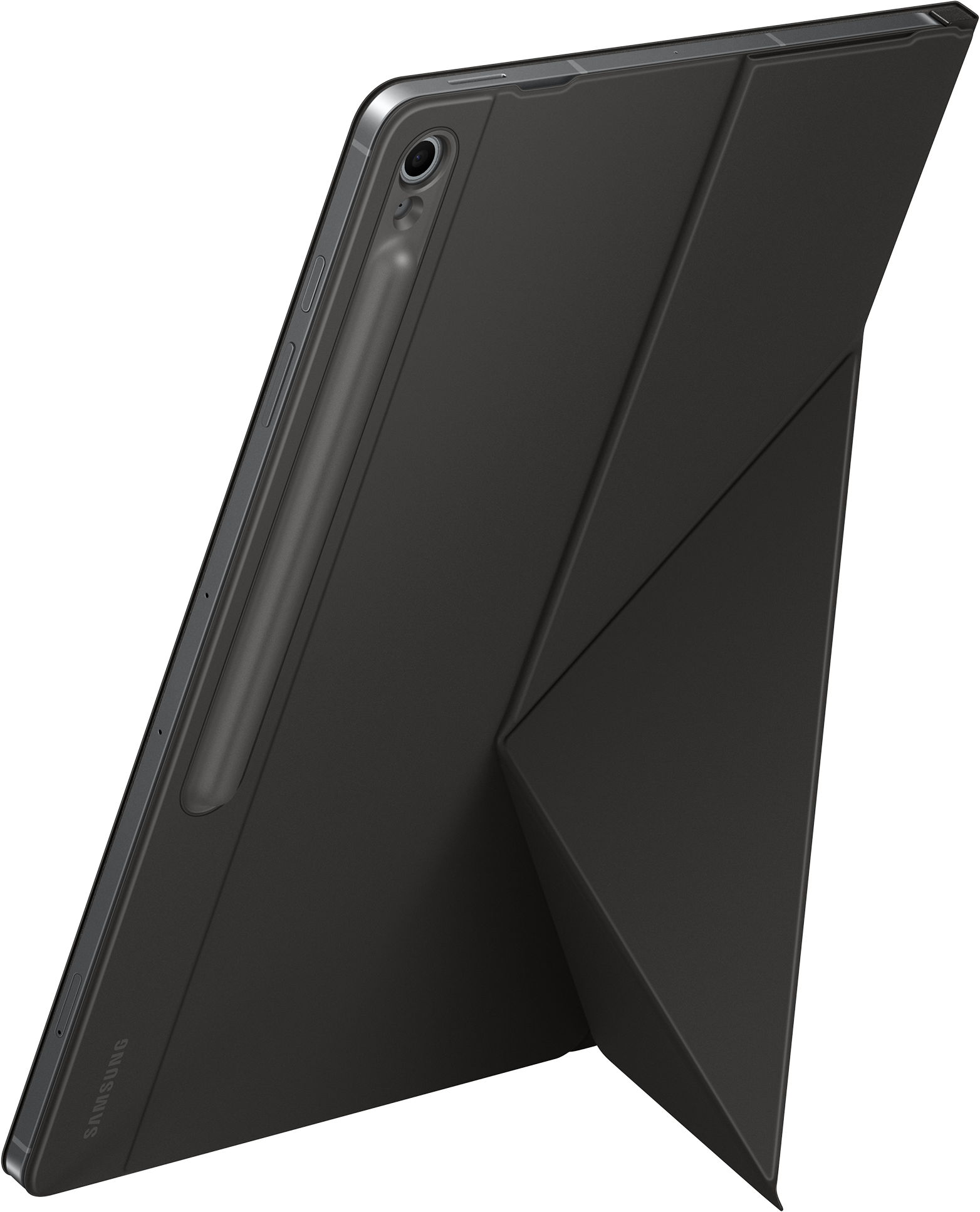 Tablet nero con custodia piegata come supporto e uno stilo.