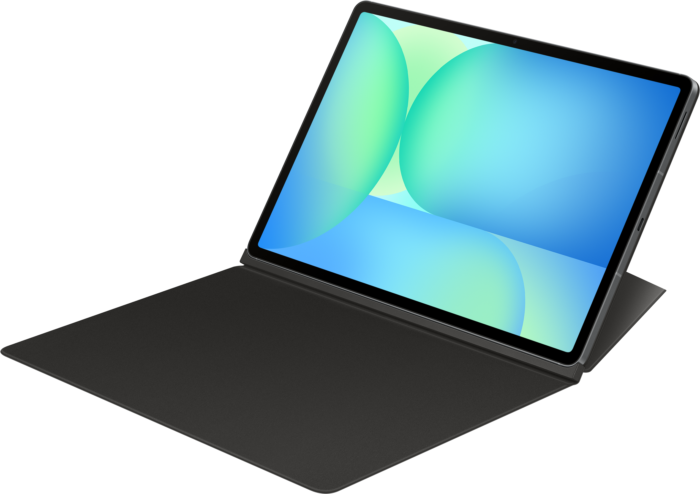 Tablet con sfondo astratto blu e verde. La custodia nera è aperta, mostrando lo schermo.