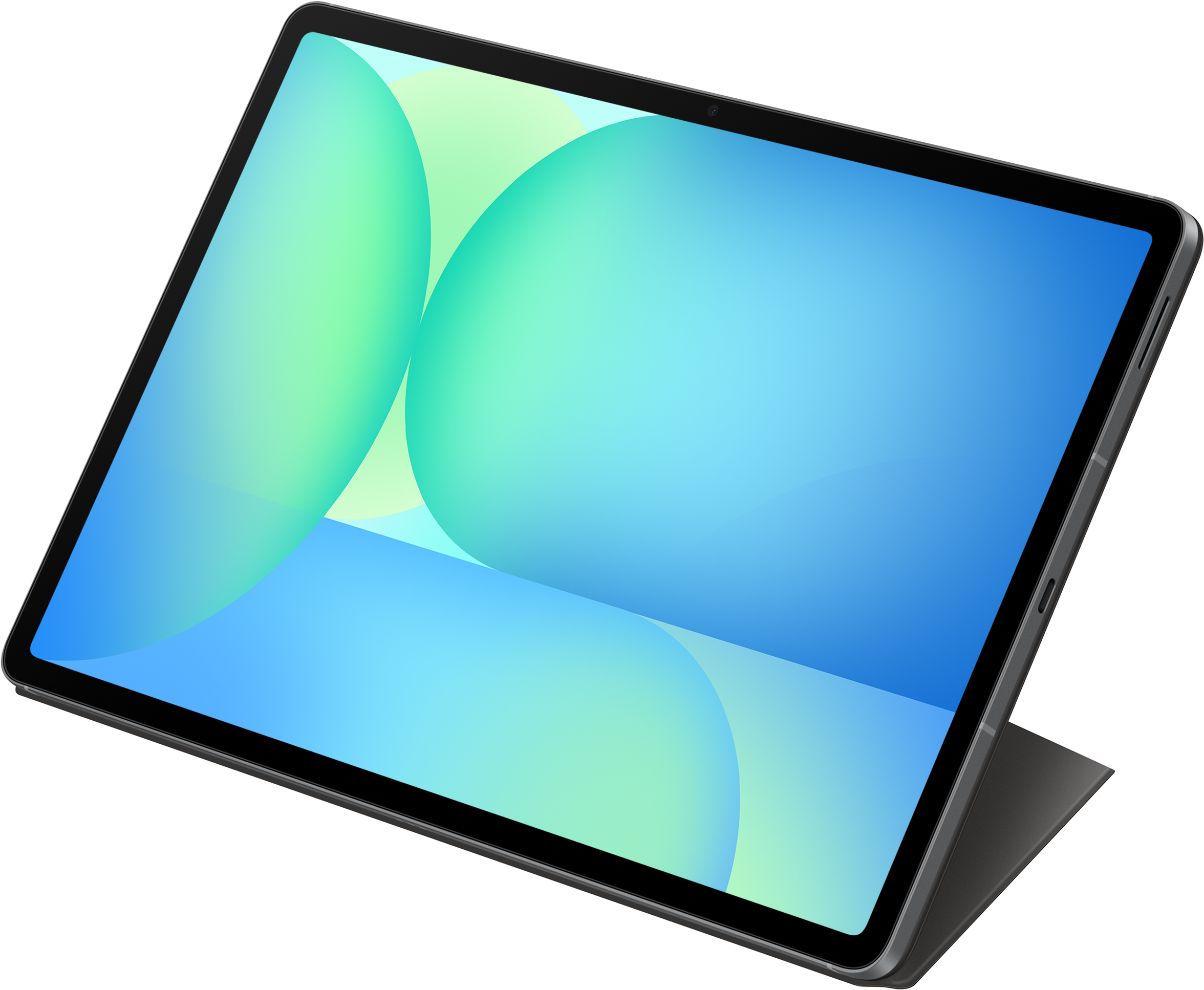 Un tablet con cornice scura e schermo che mostra cerchi blu e verdi.