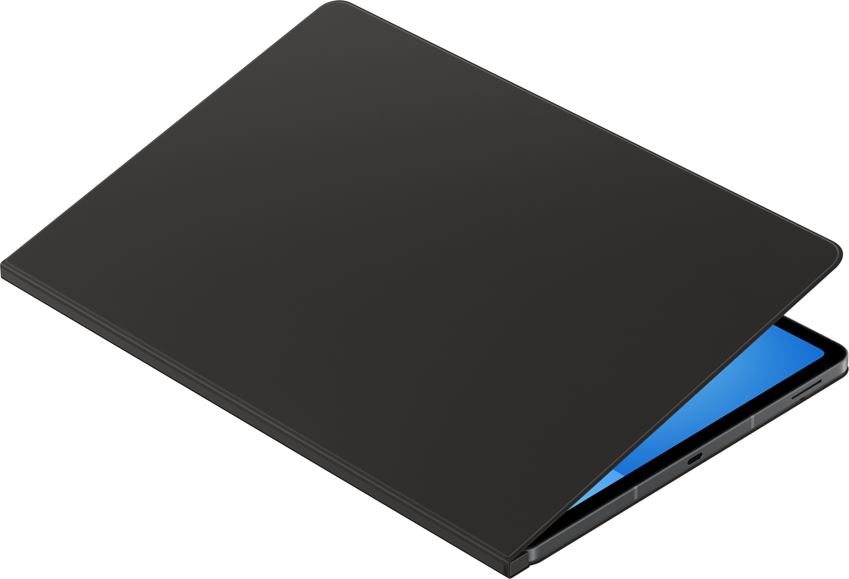 Tablet nero con la cover leggermente aperta, che mostra uno schermo blu.