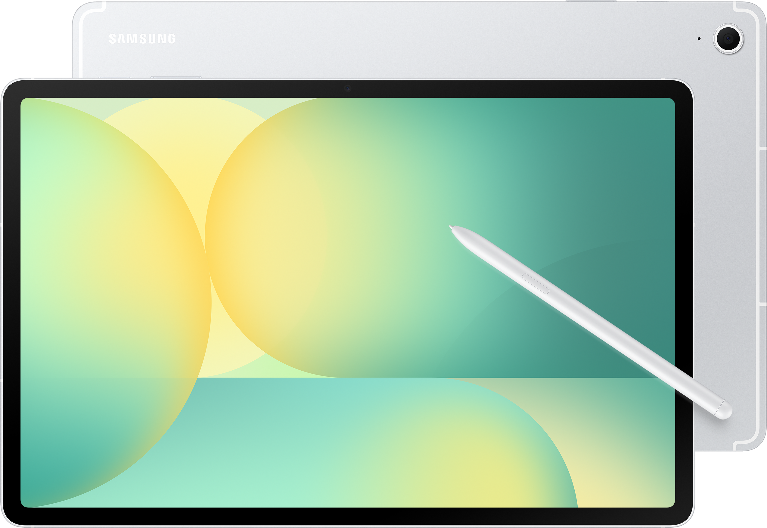 Tablette argentée avec stylet, affichant une image floue verte et jaune.