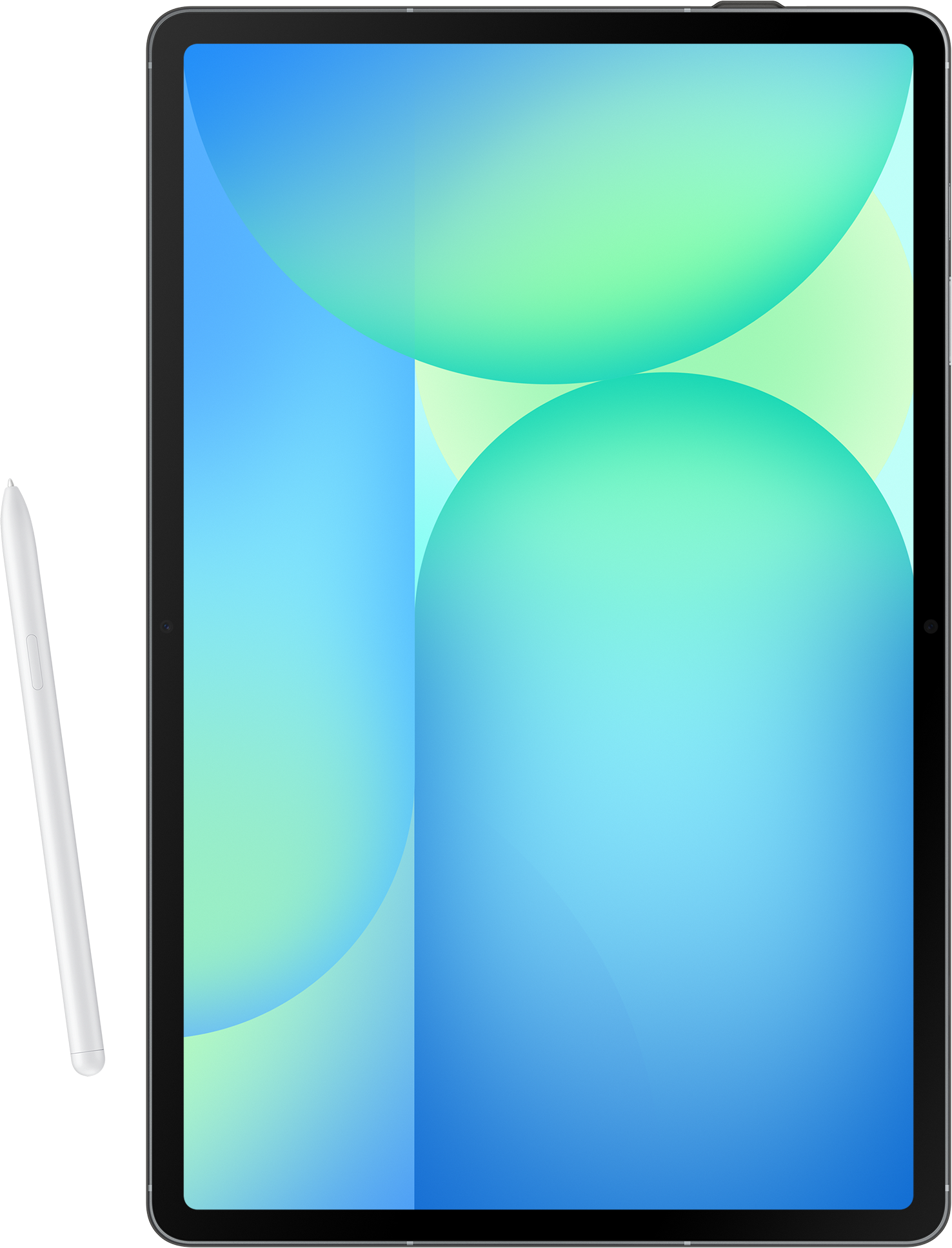 Un tablet con uno stilo, che mostra un design astratto blu e verde.