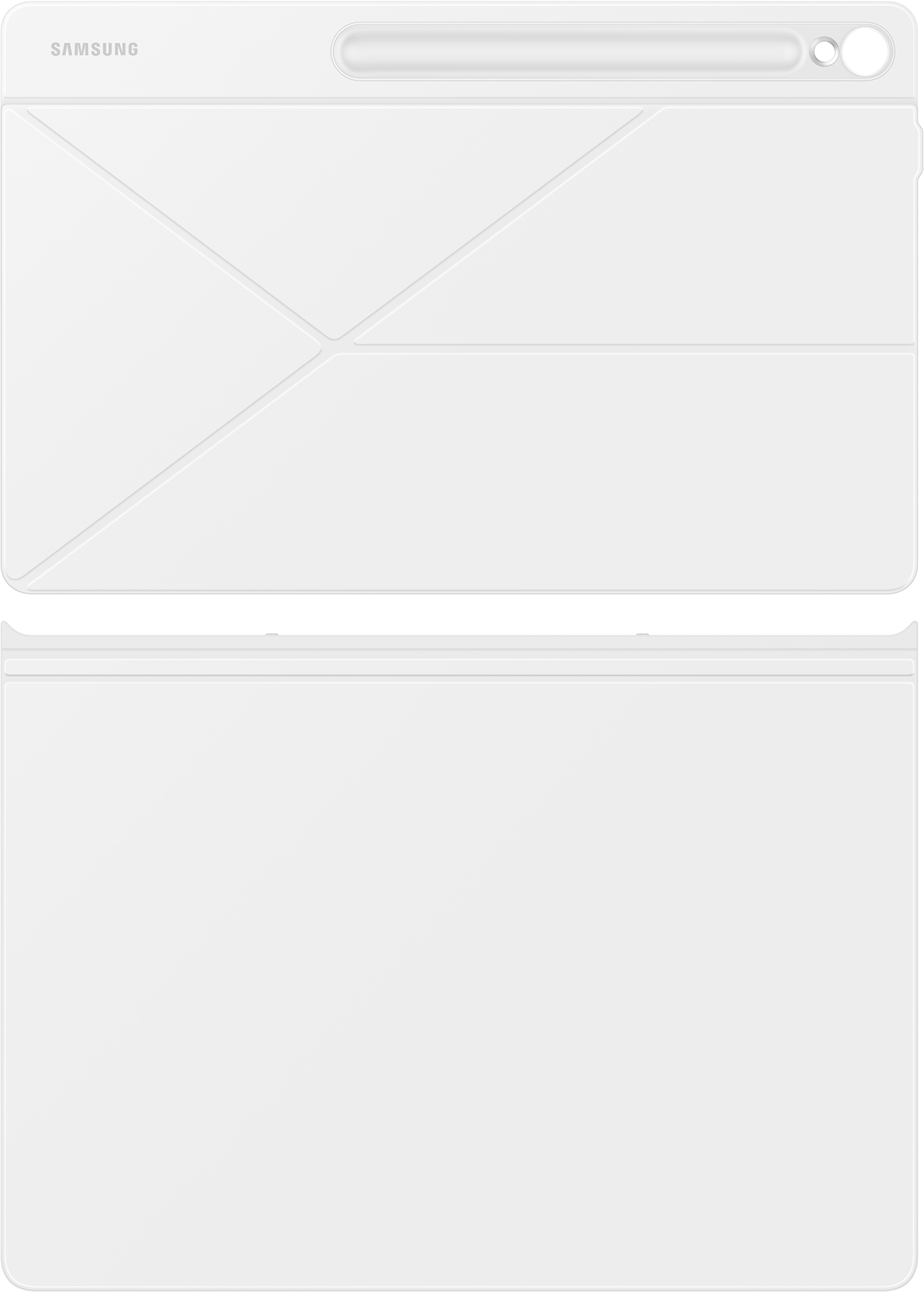 Due cover per tastiera tablet Samsung bianche. Quella superiore chiusa, quella inferiore aperta.